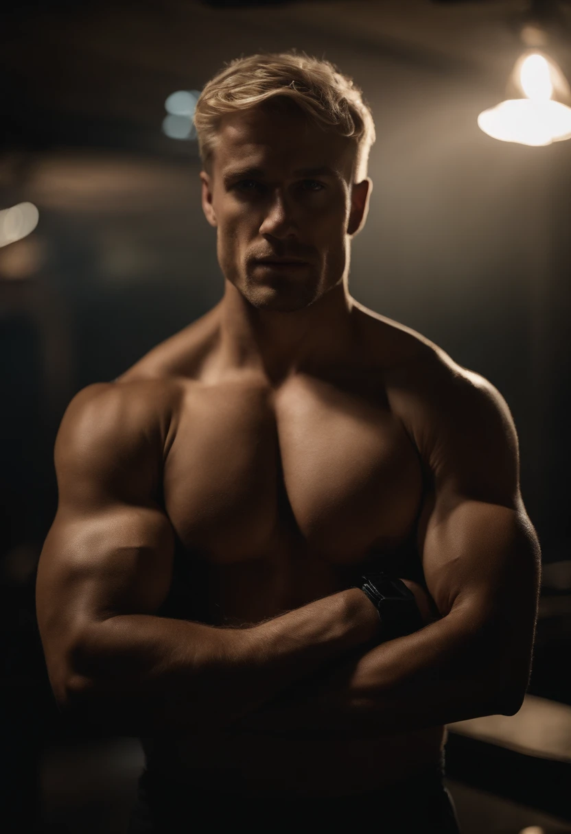 Portrait d'un homme, cheveux court blond, Corps entier, Defined organization, corps fort, Muscular arms, Aider les gens, profondeur de champ