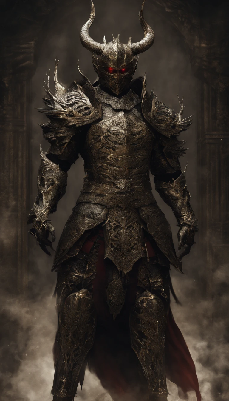 warrior, concept-art, author:Kishiganku, Fantasy art, Zen temple background, clean render, a horned, Wear a suit of armor, Detailed bushido form smoke, helmet of a forgotten deity, character is standing, 8k Realistic, in game render, detailed face background detail, Art station front page, taur, Pseudo-medieval fantasy, A deity wearing koi armor, detailed bronze armor, Bronze armor, golden etched armor, gold obsidian armor, Light gold armor, Gorgeous filigree armor, A demonic warrior, Gorgeous armor full of thorns, Intricate assasin armor, Intricate metal armor, powerful warrior, Dressed in gorgeous gold armor,Decorated with intricate patterns, The helmet has a large crown and two horns,Glowing red eyes, Everything is in the dark, The smoky background hints at the battle scene, Add an ominous aura to his character,The Demon's Giant Demon Wings,submission, Full body shot.