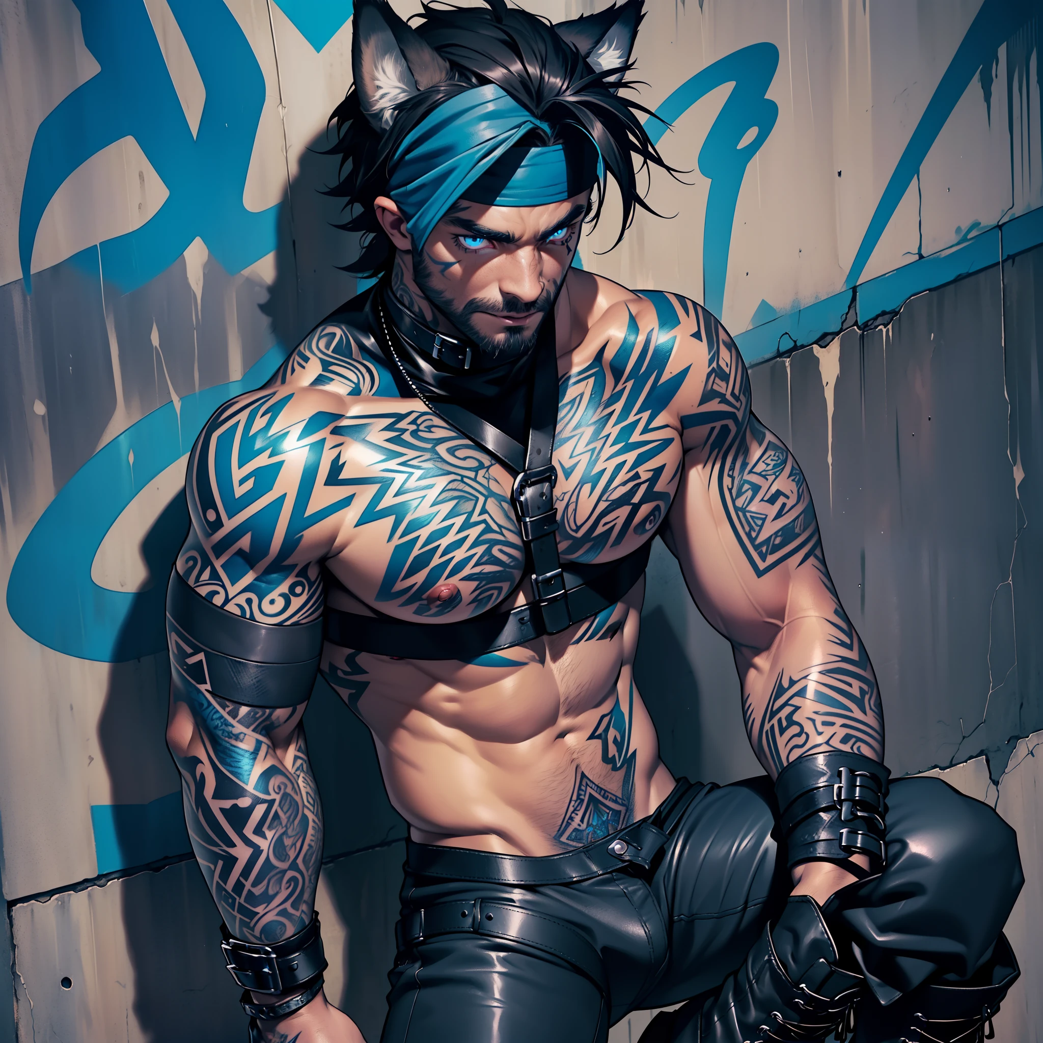 masculine guy ((wearing black boots)), close up body, getting ready to fight, short beard ((dark tanned skin)), bulge, short cropped multicolor hair, ((has wolf ears)), ((has wolf tail)), smoky grunge punk graffiti, wearing leather pants, ((he is solo, he is alone)), has detailed glowing blue eyes, covered in ((blue tattoos)), wearing bandana and leather wrist bands, shirtless