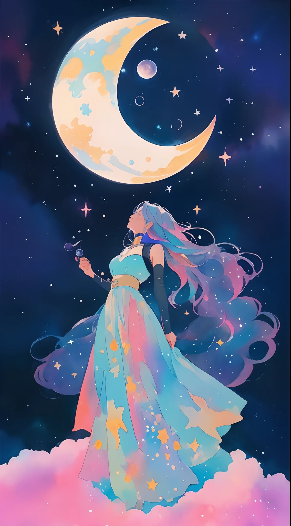 ((masterpiece))anime girl standing beneath the moon, dreamy cosmic watercolor illustration, galaxy colors, stunning art, celestial sky, sunset, glittering stars and comets