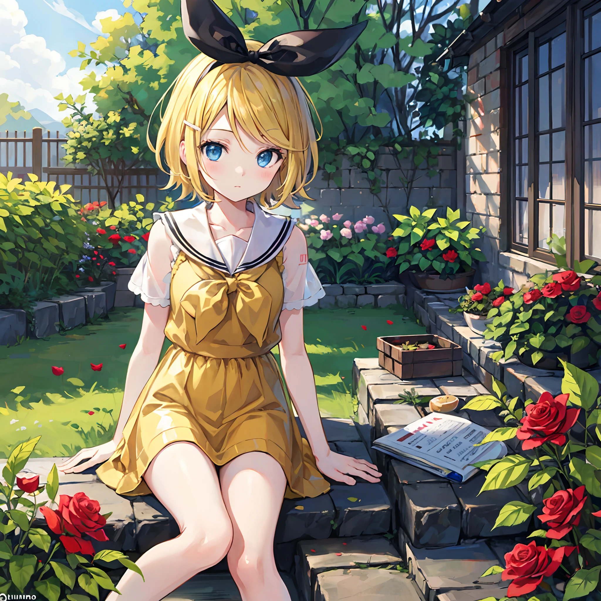 Kagamine Rin , por rubio 、Hair is pulled back、ojos rojos、Hermosa chica sola、quimono、una minifalda、Garden of bright red roses、sentado en