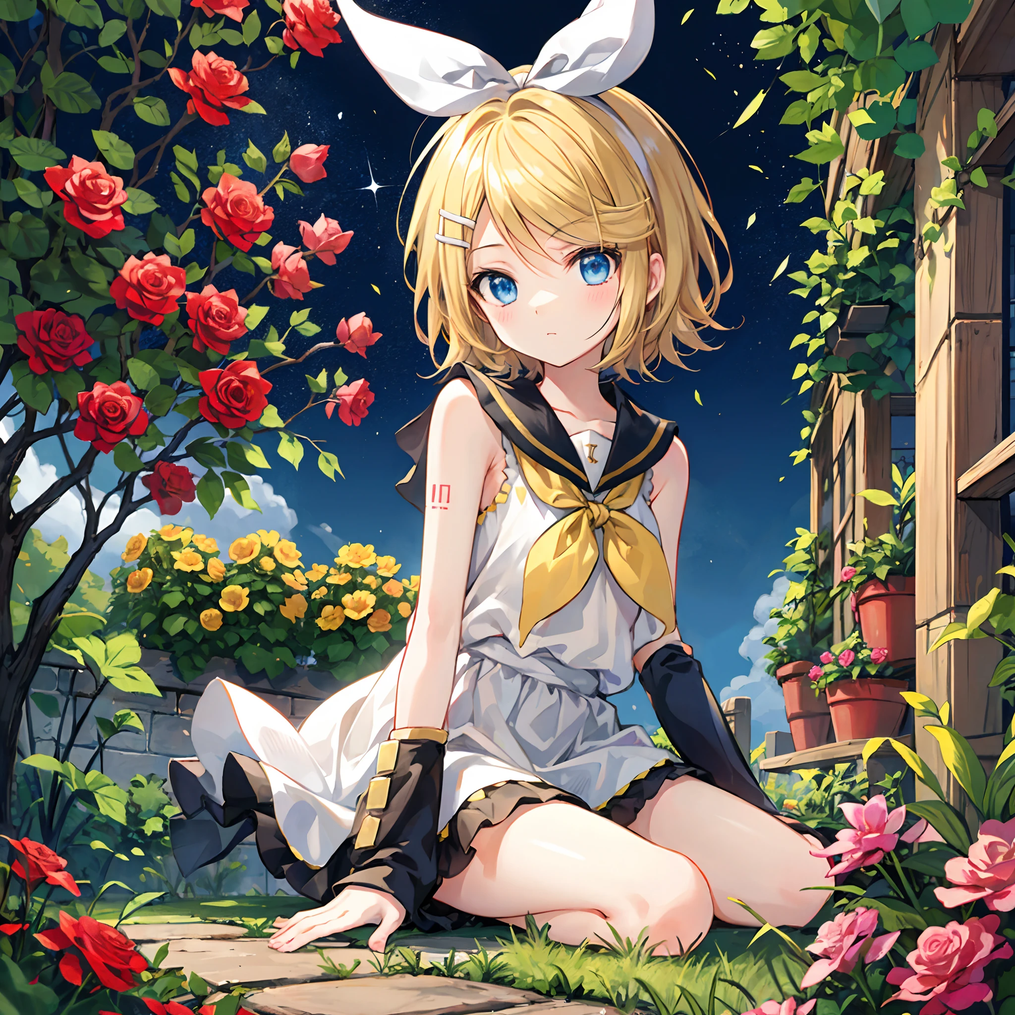 Kagamine Rin , por rubio 、Hair is pulled back、ojos rojos、Hermosa chica sola、quimono、una minifalda、Garden of bright red roses、sentado en
