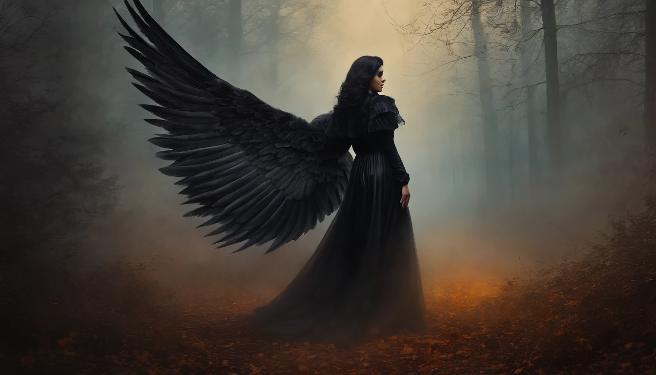 Vintage style dark gothic art mural painting, Black Angel in a Misty Forest Halloween