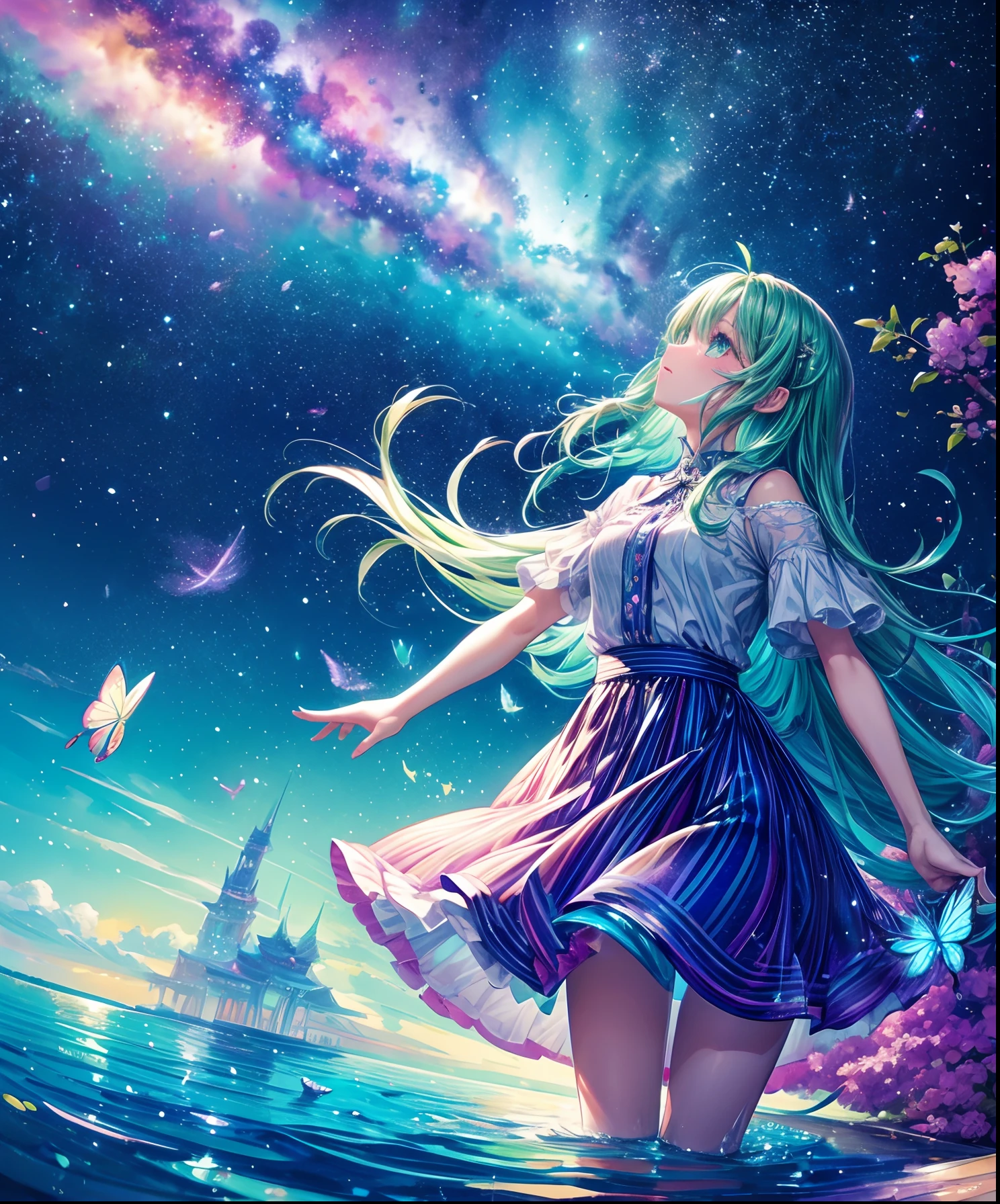 Cute girl characters、Iridescent grass々Drawing a butterfly flying over the water, Looking up at the starry sky. Surround her with colorful nebulae and colorful forests.