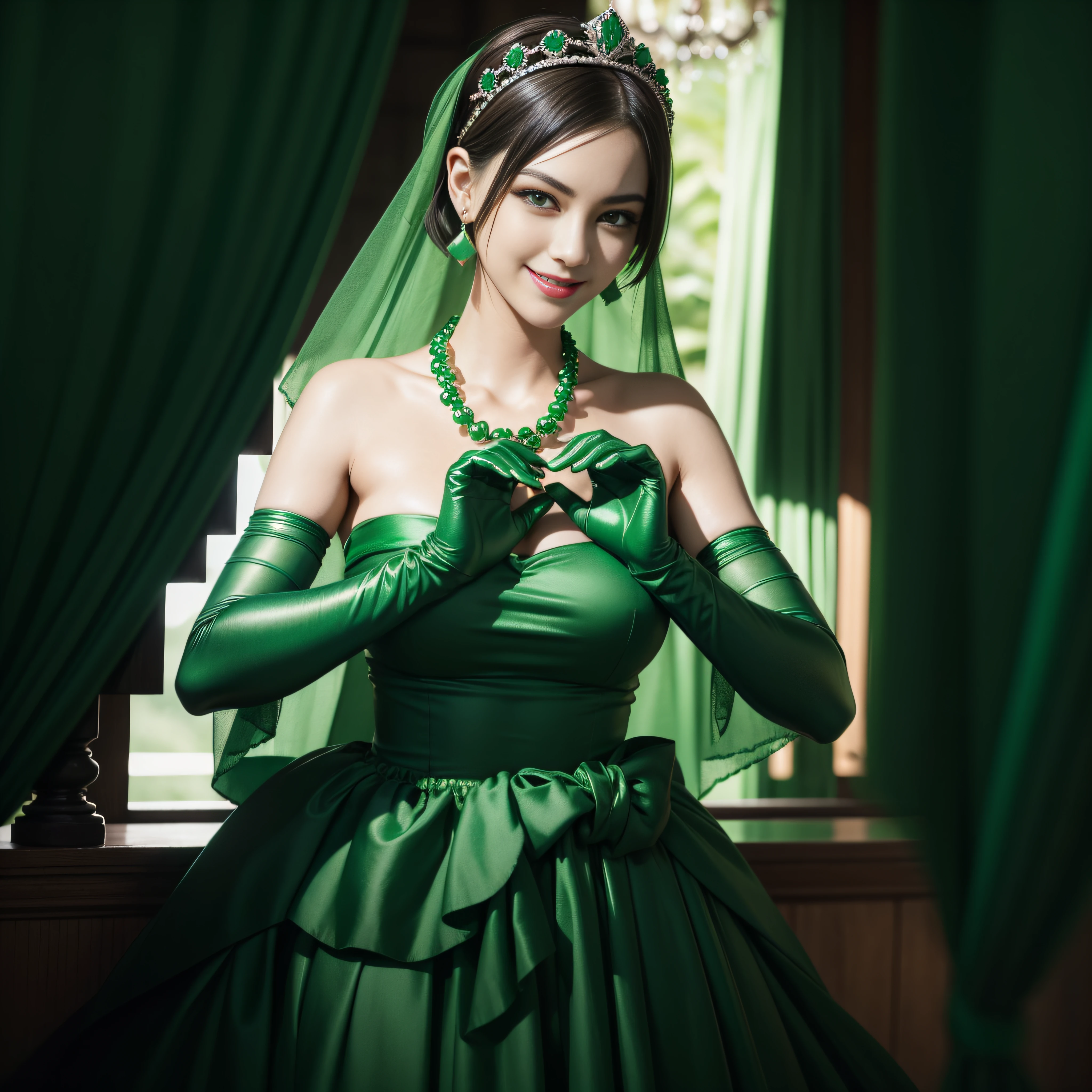 emerald tiara, Green Pearl Necklace, Boyish very short green hair, lipsticks, Japan woman smiling, very short short hair, big breasts beautiful, Green eyes, Long green gloves made of satin material, Green eyes, Emerald Earrings, green vale, Heart with both hands