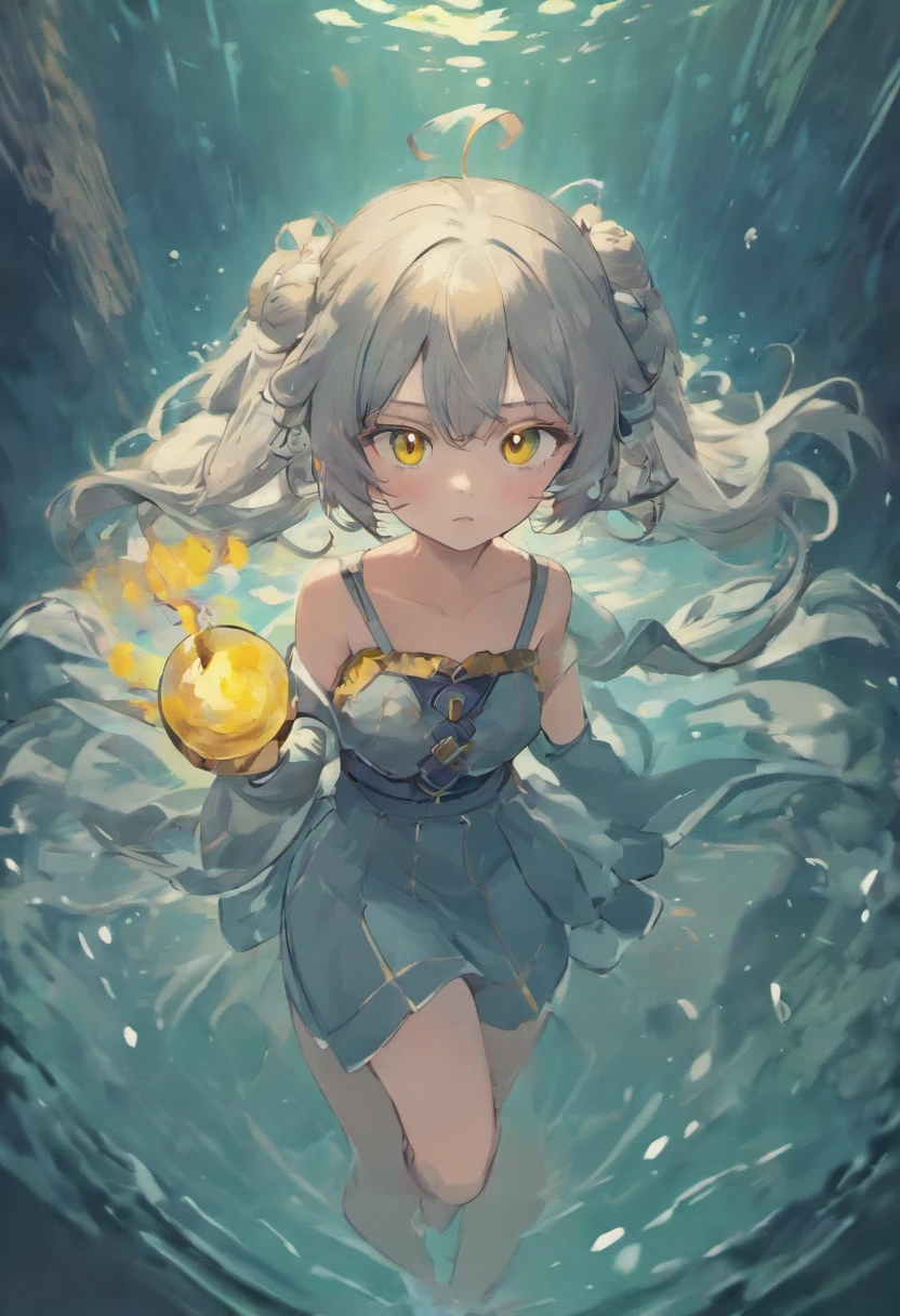Gray hair,Yellow eyes,hight contrast,adolable,Anime girl wearing black and white dress in water, Detailed digital anime art, Guweiz in Pixiv ArtStation, Guweiz on ArtStation Pixiv, trending on artstation pixiv, by Yang J, Anime fantasy illustration, Kawasi, Guviz-style artwork, detailed anime art, style of anime4 K, Fanart Meilleure ArtStation