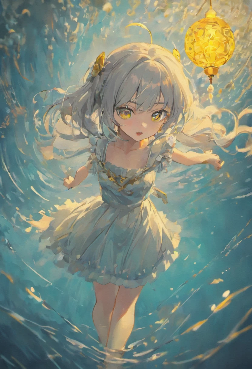 Gray hair,Yellow eyes,hight contrast,adolable,Anime girl wearing black and white dress in water, Detailed digital anime art, Guweiz in Pixiv ArtStation, Guweiz on ArtStation Pixiv, trending on artstation pixiv, by Yang J, Anime fantasy illustration, Kawasi, Guviz-style artwork, detailed anime art, style of anime4 K, Fanart Meilleure ArtStation