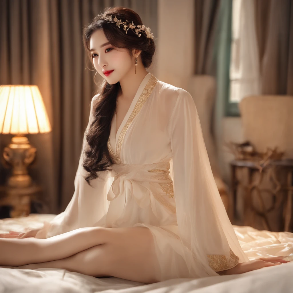 Superior Quality、offcial art、Highly detailed unified CG 8k wallpaper、Piece of art, hight resolution、((beautiful detailed women、Highly detailed eyes and pale face、beautiful finely detailed eyes): 1,5)、Facial Light、Movie Light、2 girls in、(frombelow:1.3)、(point of view:1.2)、look at viewr、fully body photo、((Very gigantic-breasts: 1,3)、(itting open legs、sexual excitement、Sex Expressions: 1,4)、thinness、high jump、Away from home、Hip width、muscular thigh: 1,6))、(Hanfu:1.1),、early evening、Neon on the back、a girl wearing a transparent silk scarf、No clothes、witheout panties、sitting on a bed, Legs ajar、Arms raised above the head、In a seductive pose、open plan、White hair、Makeup Thinning