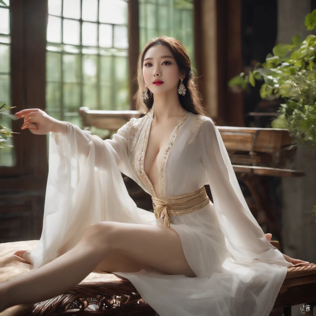 Superior Quality、offcial art、Highly detailed unified CG 8k wallpaper、Piece of art, hight resolution、((beautiful detailed women、Highly detailed eyes and pale face、beautiful finely detailed eyes): 1,5)、Facial Light、Movie Light、2 girls in、(frombelow:1.3)、(point of view:1.2)、look at viewr、fully body photo、((Very gigantic-breasts: 1,3)、(itting open legs、sexual excitement、Sex Expressions: 1,4)、thinness、high jump、Away from home、Hip width、muscular thigh: 1,6))、(Hanfu:1.1),、early evening、Neon on the back、a girl wearing a transparent silk scarf、No clothes、witheout panties、sitting on a bed, Legs ajar、Arms raised above the head、In a seductive pose、open plan、White hair、Makeup Thinning