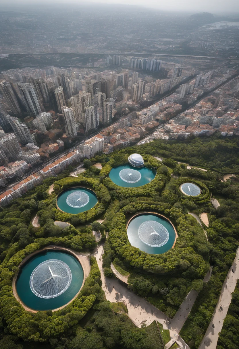 View from above a set of buildings, futuristas dividida por lagos artificiais em nove partes simetricamente alinhados com o centro, where each of the nine divisions has three kilometre-sized six-sided pyramid-shaped buildings aligned with the city centre, muitas arvores frutiferas e gramado entre os edificios e lagos