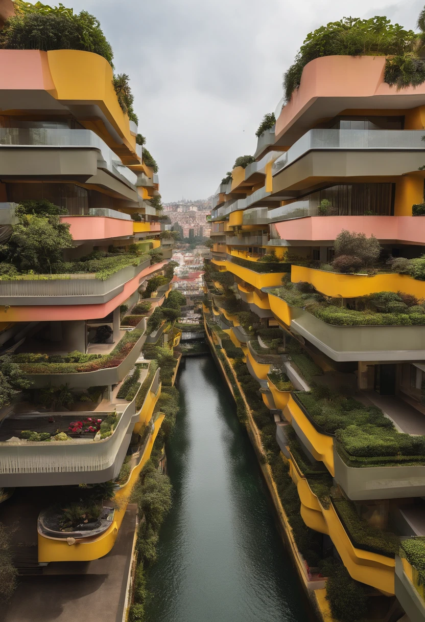 View from above a set of buildings, futuristas dividida por lagos artificiais em nove partes simetricamente alinhados com o centro, where each of the nine divisions has three kilometre-sized six-sided pyramid-shaped buildings aligned with the city centre, muitas arvores frutiferas e gramado entre os edificios e lagos