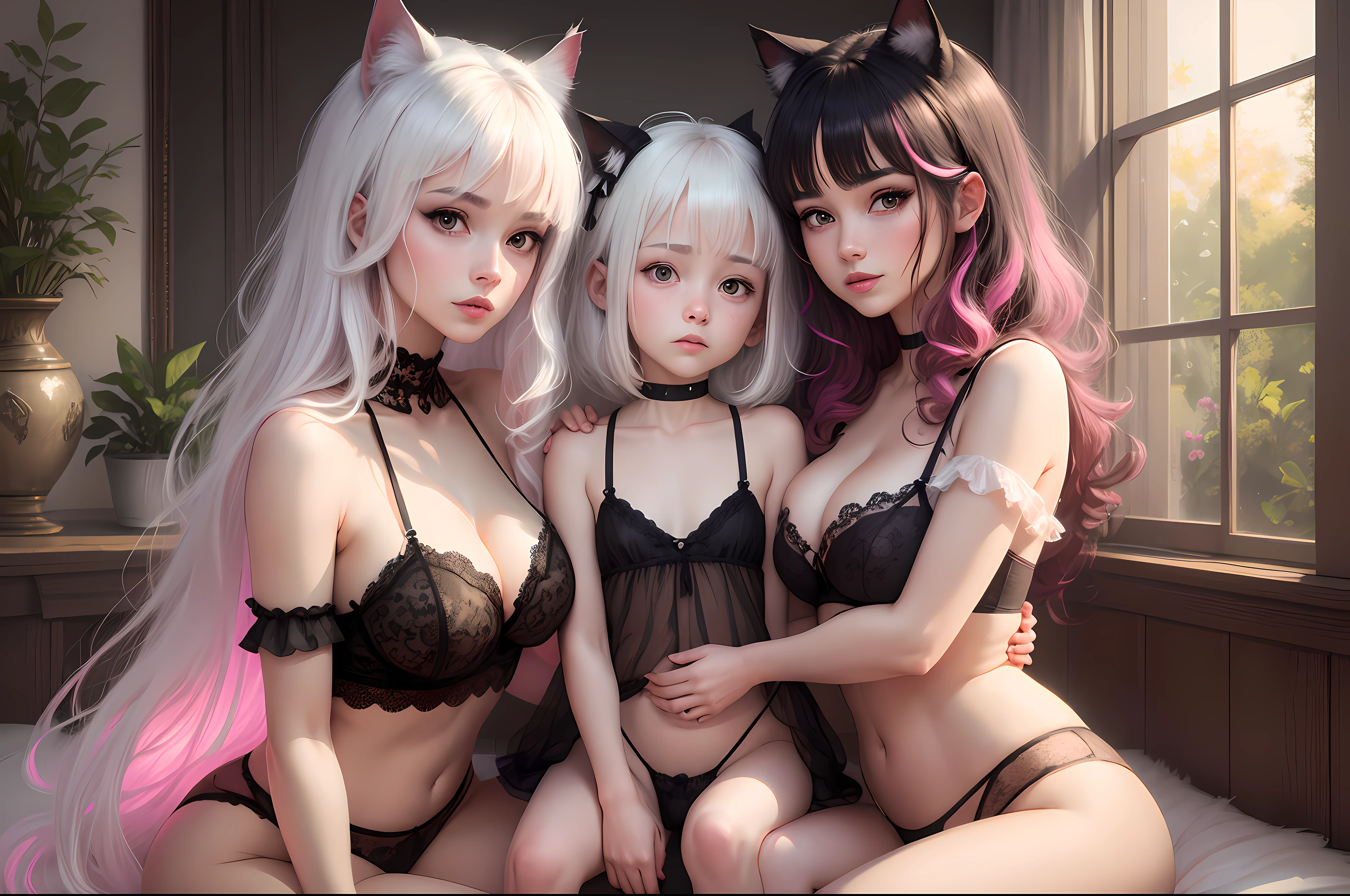 Cat Girl Beauties, Long Hair, short Hair, White Hair, black Hair, pink Hair,Lingerie, Pleasure, Shame, Tail, Sisters, Parent and Child, Family-Portrait, Close Contact
