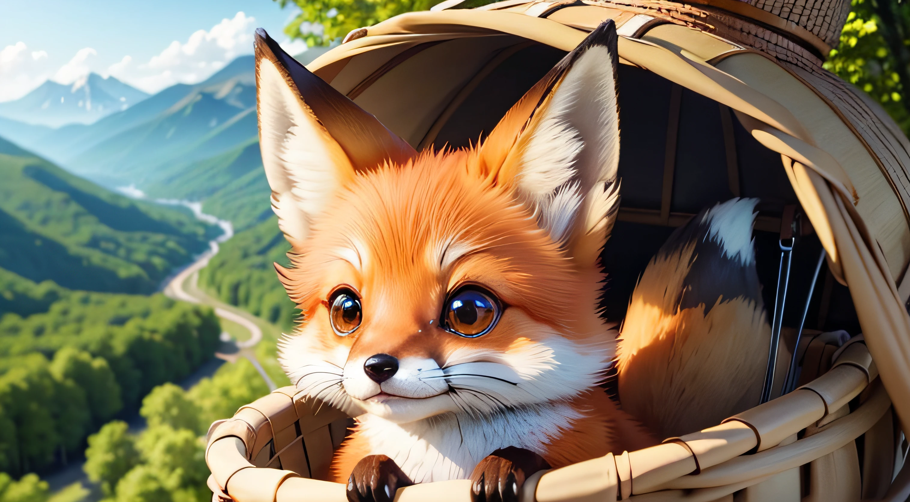 face view of a cute fox inside a basket strapped into a air yellow balloon, flying over the green forest, close-up, Pixar movie style, big eyes, bright eyes, pretty eyes, smiling, amazing sky, Day Light, high quality, back to lens, mountains on the horizon