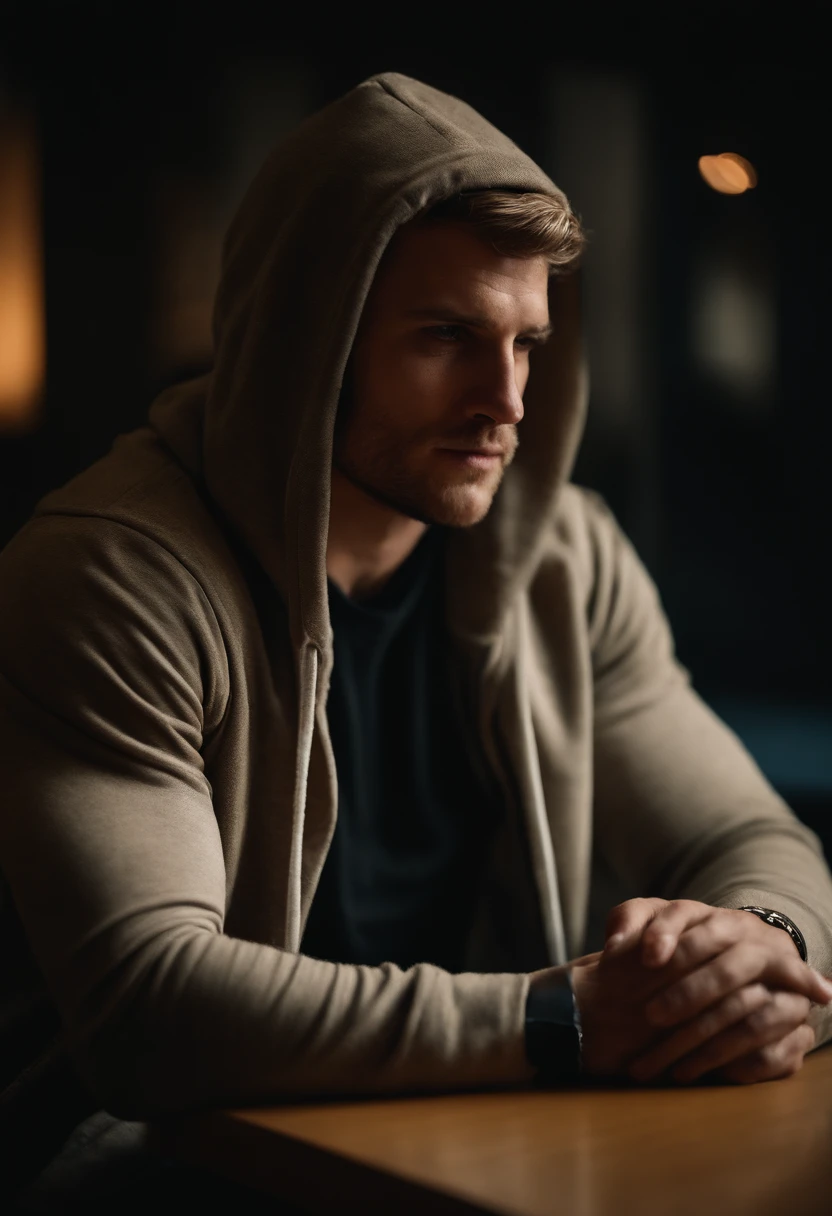 Portrait d'un homme, cheveux court blond, Corps entier, dressed in a hoodie, Defined organization, corps fort, Muscular arms, Aider les gens, profondeur de champ, assis derriere la table, podcast.