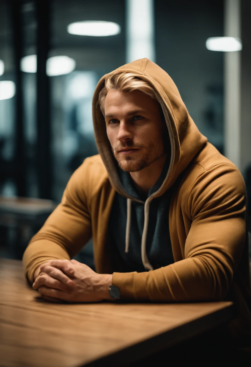 Portrait d'un homme, cheveux court blond, Corps entier, dressed in a hoodie, Defined organization, corps fort, Muscular arms, Aider les gens, profondeur de champ, assis derriere la table, podcast.