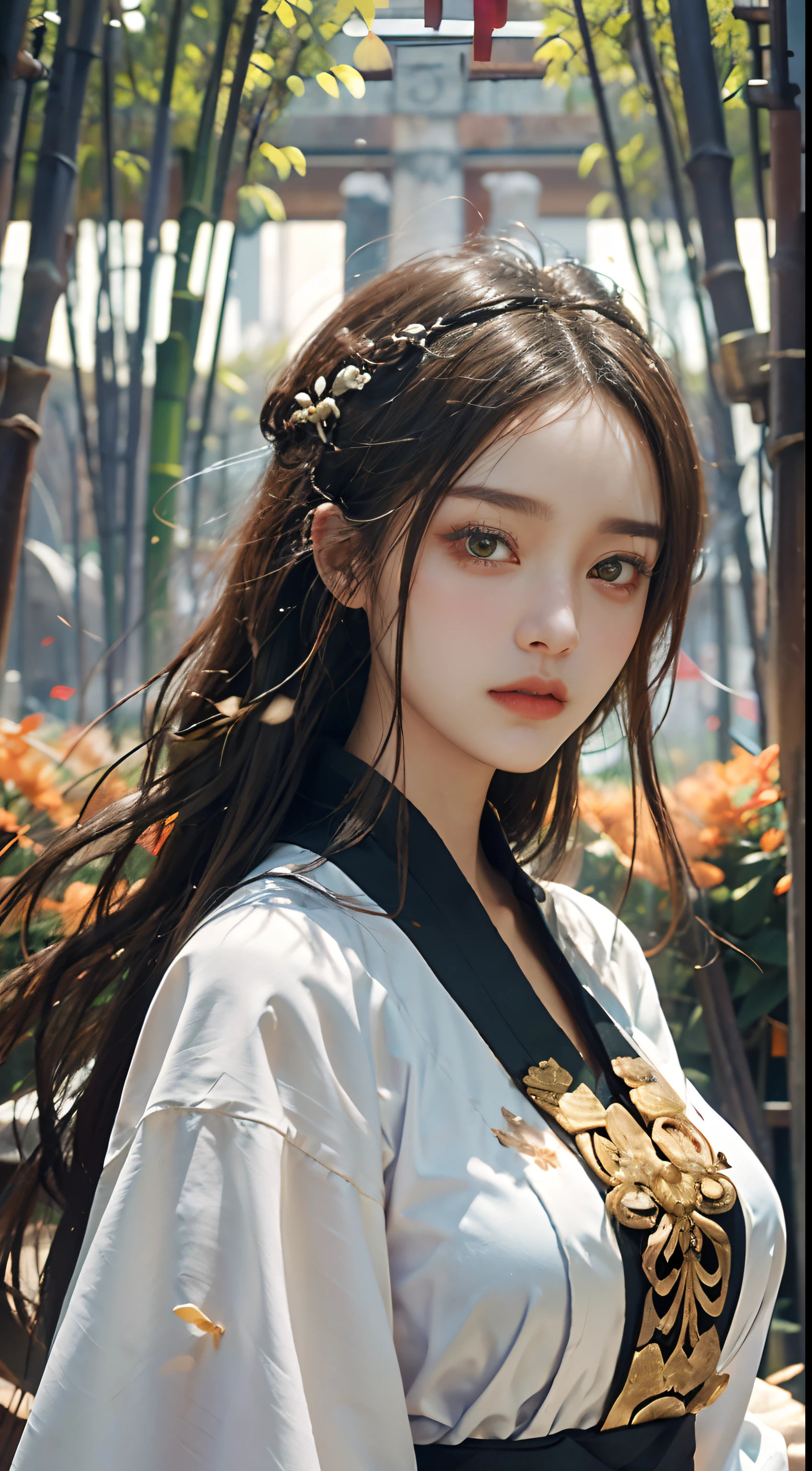 a beautiful detailed girl, Clear and beautiful, focus on the character, Radiant skin, femele, 20yr old, ((Long green hair:2)),Beautiful detail glass hair, ((Wave the scepter)) ((Japan shrine attire, Metal armor,2 clothing colors, White background, Orange pattern)) ((autumnal,Green bamboo forest)), (((Next to the woman is a huge white wolf:2))) ,Beautiful details, Cold face, Cold expression, Big breasts beautiful meticulous eyes, Orange eyes, mature skin, Very good 8KCG wallpaper, very fine 8KCG wallpaper, offcial art, ultra - detailed, Beauty and aesthetics, big breasts beautiful, tmasterpiece, Best quality at best, (Zen entanglement, Tangles, Tangled)(Falling flowers:1.2), 详细的脸,Stoic expression,dynamicposes,green flowing hair,Classical era,("Ancient Rome" Theme:1.1),Roman mythology,Roman, Capua, Old vineyard, oracle, cloaks, Iron fittings, ancient themes, (Prosperous Civilization:1.1), Original white marble, (Intact:1.1) Marble building, hills in the background, braziers, Burning embers, the night, darkly, As estrelas, Halo, Majestic atmosphere, Floating stone particles, sportrait, The wind rotates