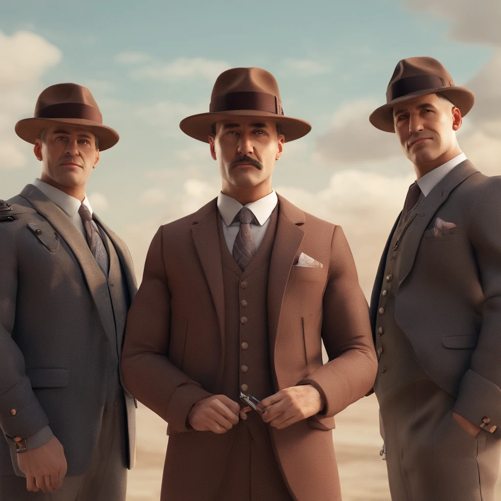 There are five men in suits and hats standing in a row, Turma de Peaky Blinders, mafia, Persianas Peaky, Road to Stillframe Doom, Figurinos de Peaky Blinders, Path to Doom, Persianas Peaky (2018), , mafioso, tiro matinal, mafia background hyper detailed, tiro largo, realismo, extremamente detalhado, luz cinematica, ambiente sombrio, disparando armas de fogo.