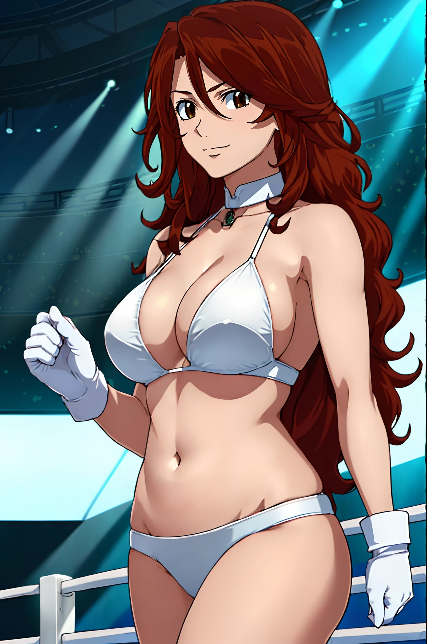 curvy belly, titration screen,, Elegant lady, (upper body only), anime style: 1.8, anime drawing, ultra detailed face, ultra detailed body, 4k, Sumergai Lee Noriega, (standing), best quality, anime style, hires, highest definition, digital blending, bold drawing lines, ((wwe diva), (location: wrestling arena, crowds watching), ( big shoulders, slim body, (wrestler body, thick arms, detailed biceps), , broad shoulders, closed fists, (very curvy: 2.8)), ((white bikini, only, white gloves, collar, hand protector, (champion belt on bare belly))), , defeated, sad, (pale skin, big breasts, smile), (big eyes, brown eyes), (clapping), ( brown hair, loose hair, curly hair, wavy hair, long hair, missy hair), 27 years old,'