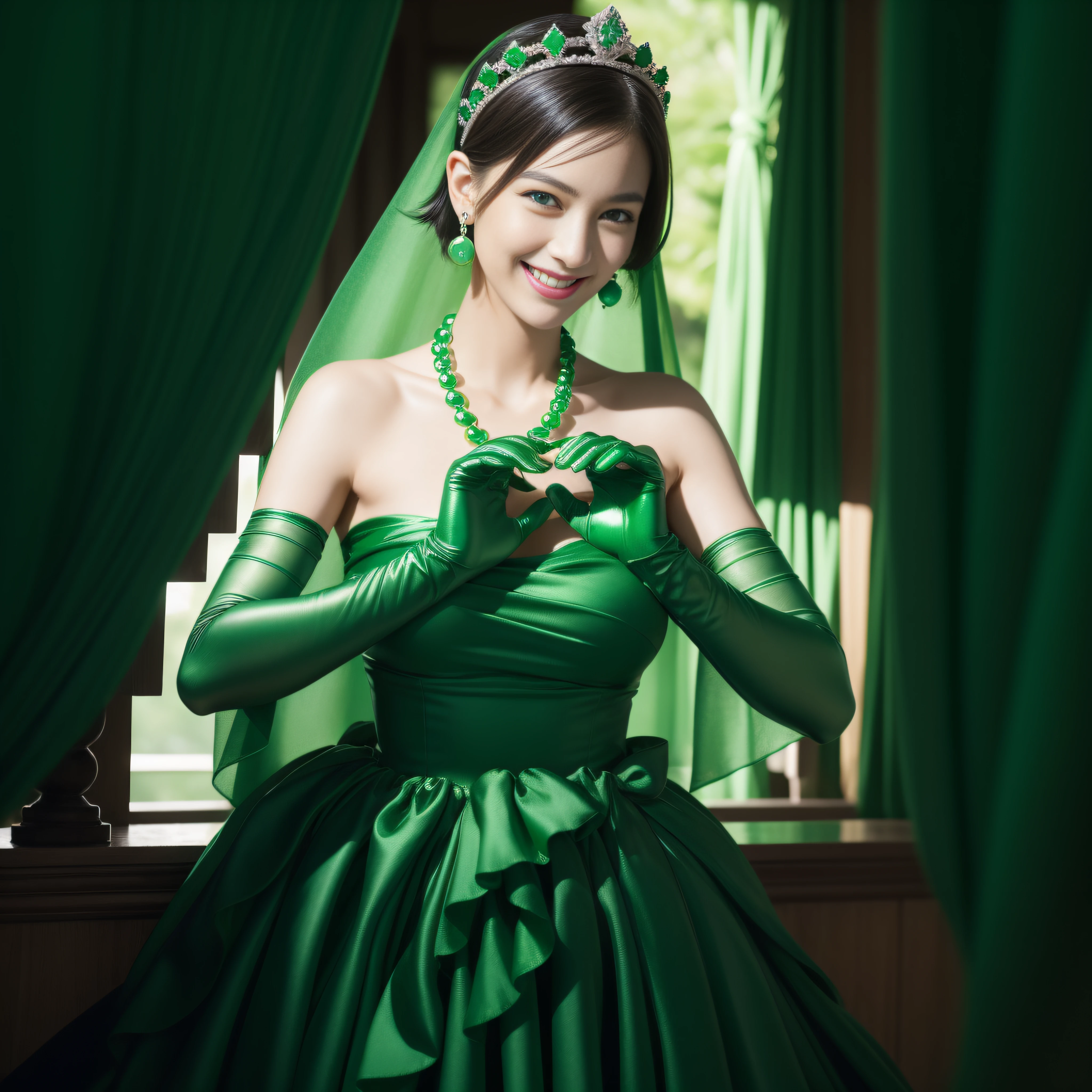 emerald tiara, Green Pearl Necklace, Boyish very short green hair, lipsticks, Japan woman smiling, very short short hair,  big breasts beautiful, Green eyes, Long green gloves made of satin material, Green eyes, Emerald Earrings, green vale, Heart with both hands