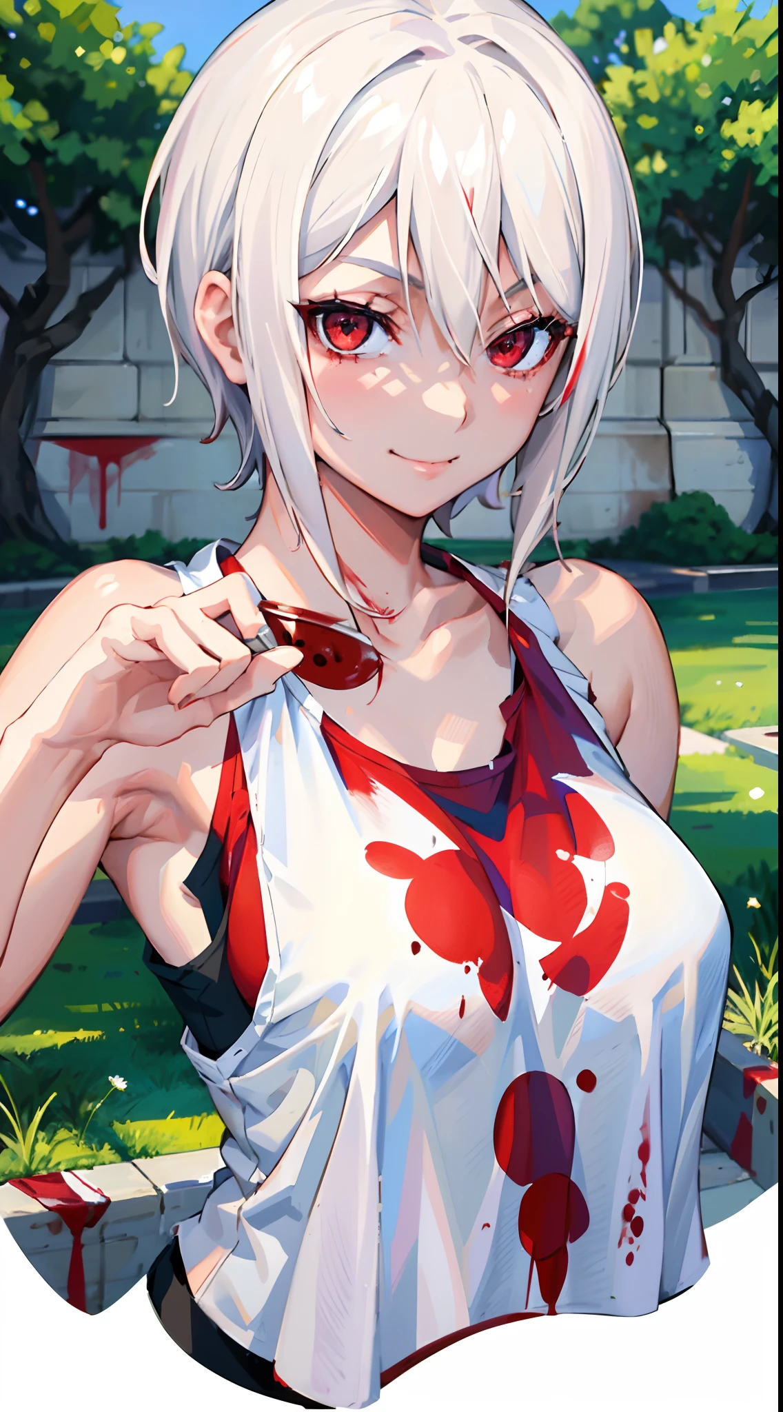 masterpiece, best quality, highres, 1girl, solo, animal ears, white hair, short hair, brown eyes, tail, medium breasts, navel, white panties, tank top, cleavage, upper body, standing, grin, prison, ((blood on face)), blood on hand, murderer