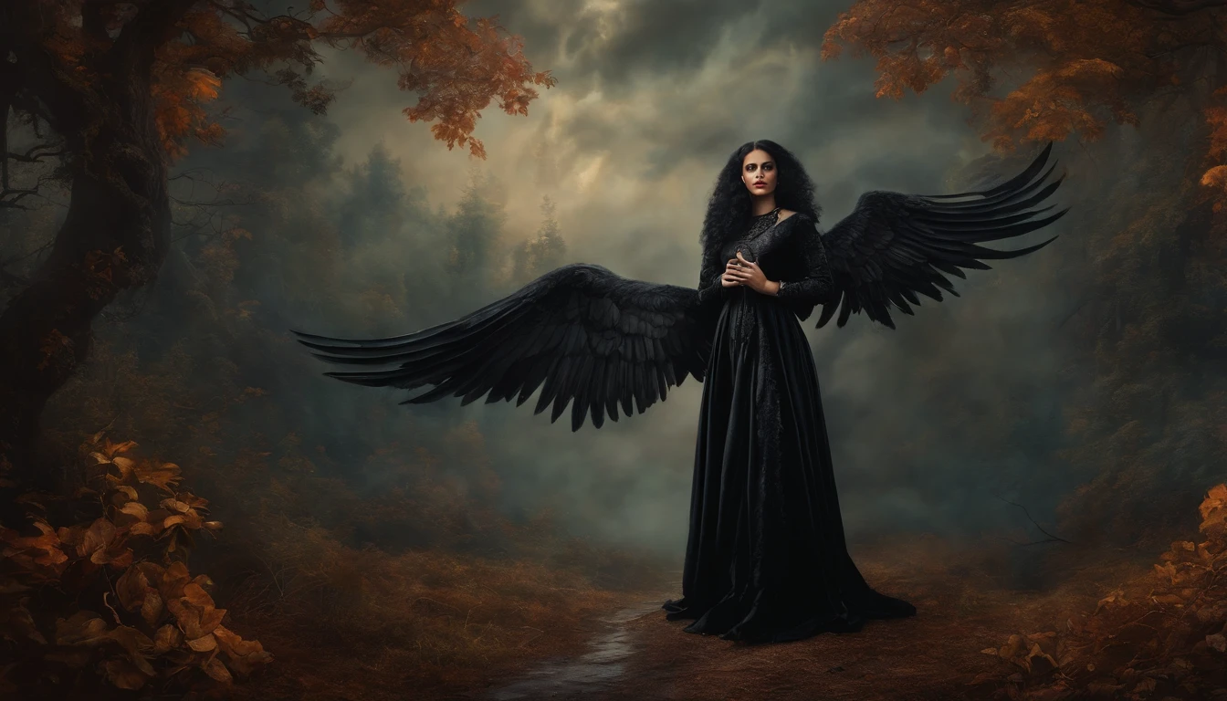 Vintage style dark gothic art mural painting, Black Angel Halloween in a Cloud Forest.