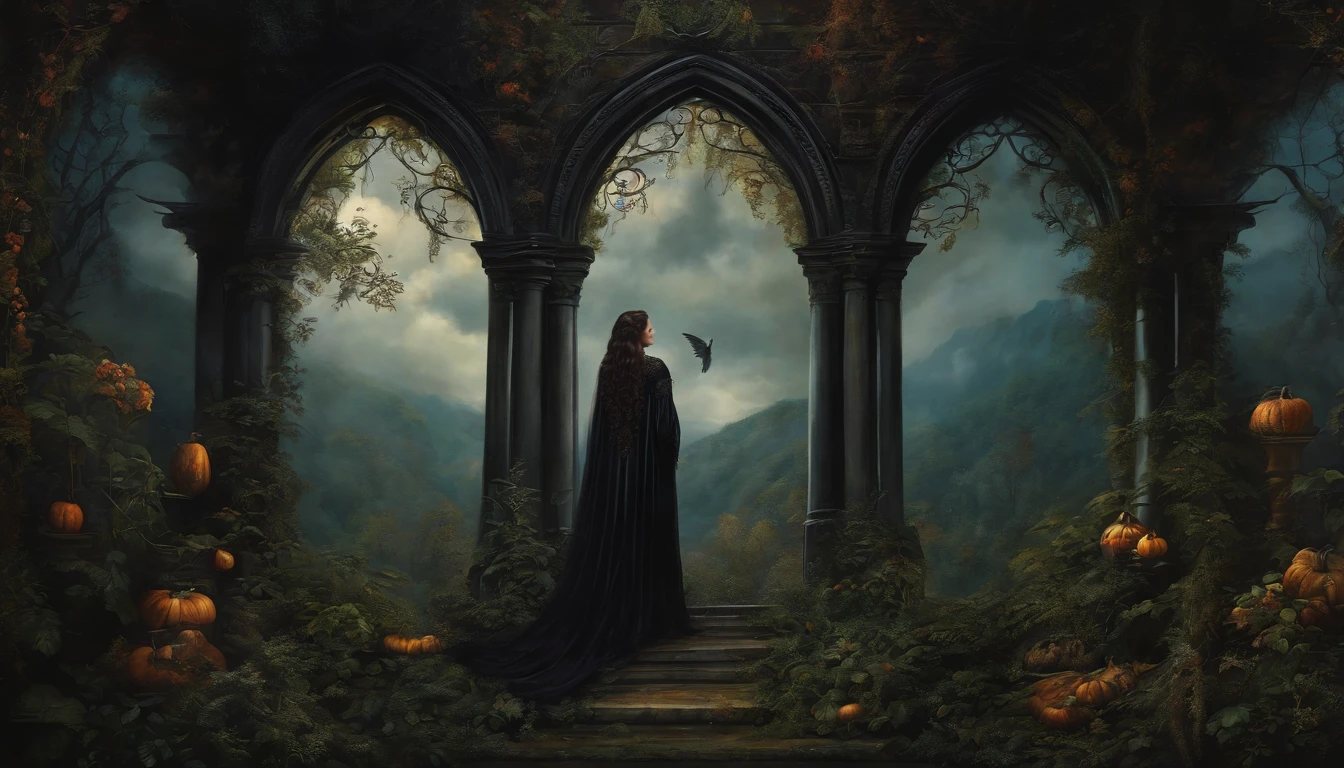 Vintage style dark gothic art mural painting, Black Angel Halloween in a Cloud Forest.