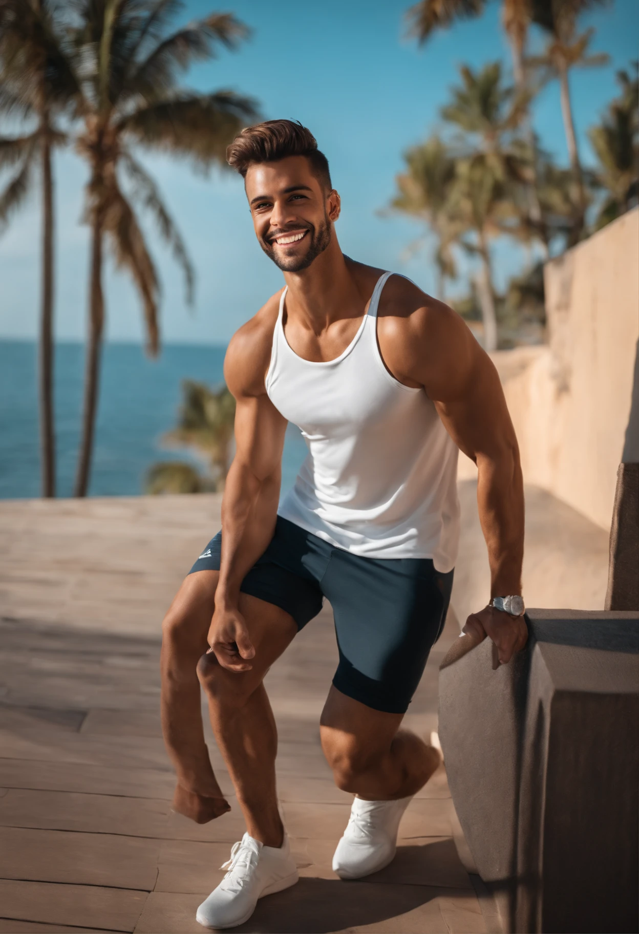 Tall handsome man with beautiful haircut fitness trainer athletic modest with beautiful smile