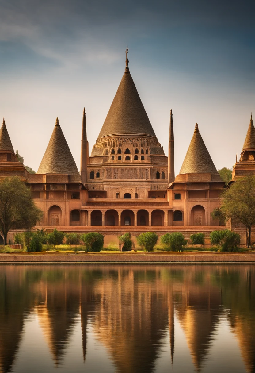 Architectural ensemble with nine pyramidal buildings symmetrically aligned with the center and divided by lakes and trees
