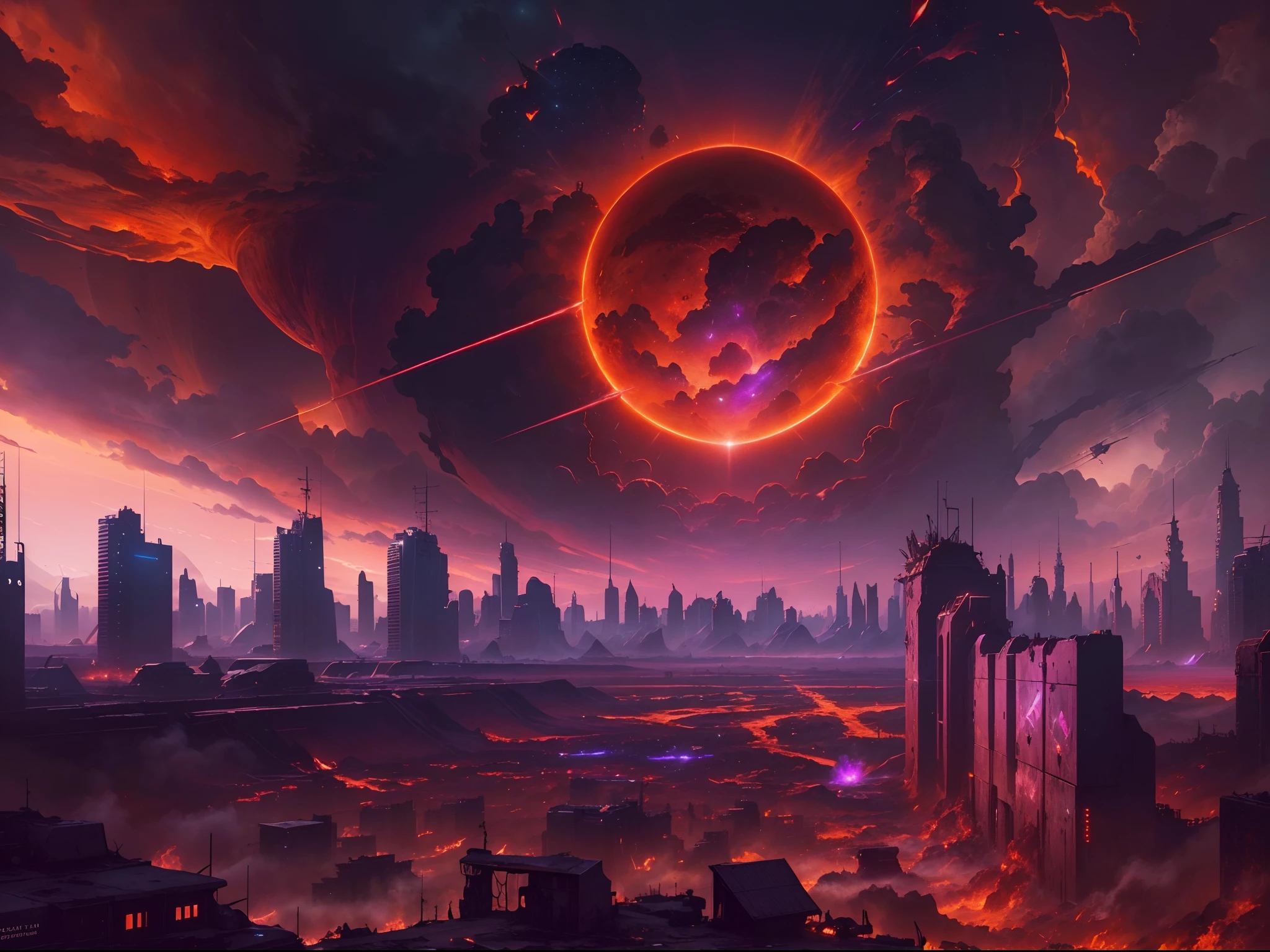 ((best quality)) , ((masterpiece)) , (detailed) , (fantasy art) , (The scorching sun) ,Red sky, blood color,A rundown city, photograph, landscape of a Internally Glowing (A huge meteorite:1.1) and Cyberpunk Violet, Stars in the sky, Manic, rim light, sharp focus, Sony A7, 800mm lens, Oversaturated, 8k resolution