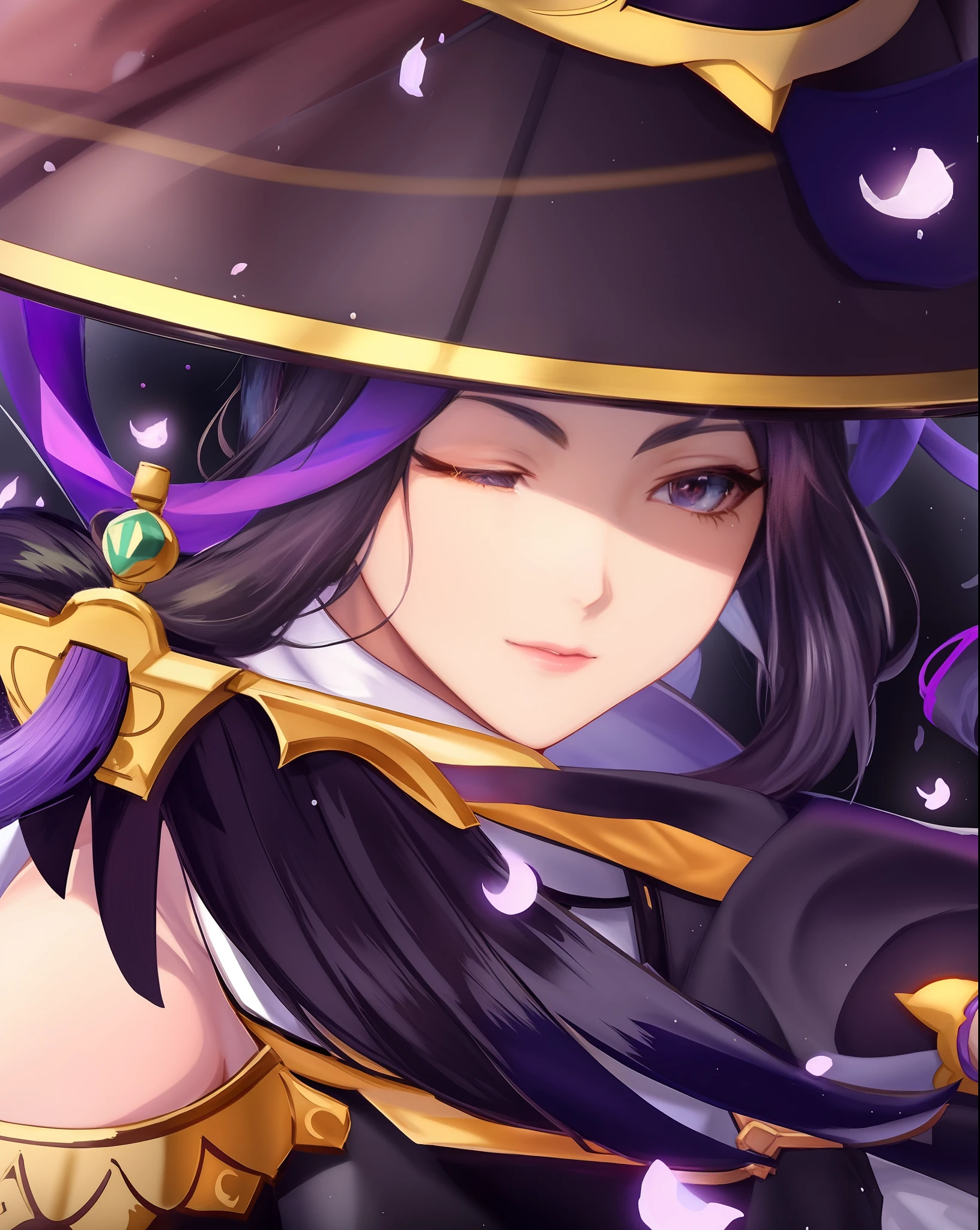 anime girl with a hat and a sword in her hand, onmyoji portrait, black - haired mage, beautiful celestial mage, onmyoji detailed art, portrait of a female mage, portrait knights of zodiac girl, half invoker half megumin, dark witch character, a beautiful sorceress, bright witch, extremely detailed artgerm, side portrait dark witch