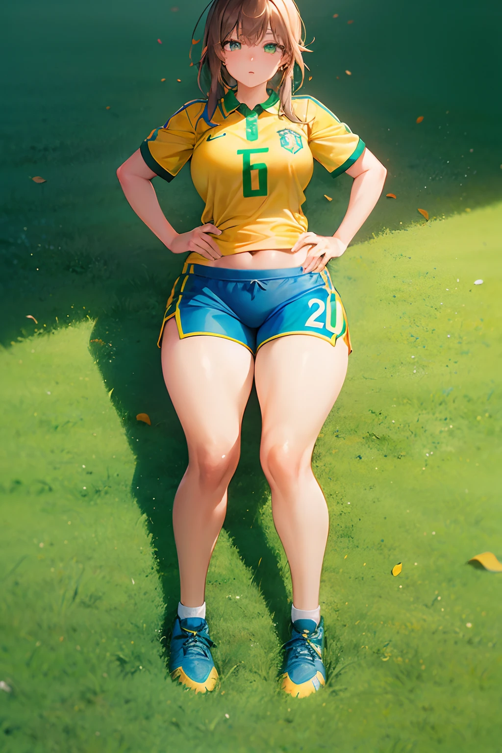 Girl, Brazil 2022 year Soccer Clothing, Brazil Football Kit 2022,yellow shirt, blue shorts, Perfectly Detailed, Stadium Soccer Field Background, full body, Thicc hips, thighs butt, football field,