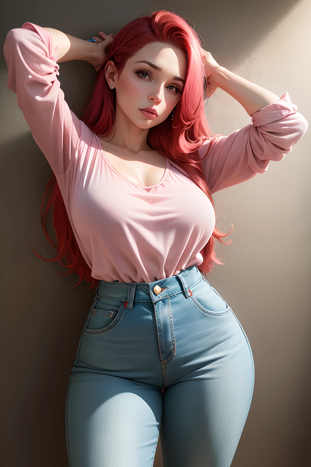 Realistic, high resolution, 1 girl, red hair, Korean, blue eyes, white shirt, black shorts, thick thighs