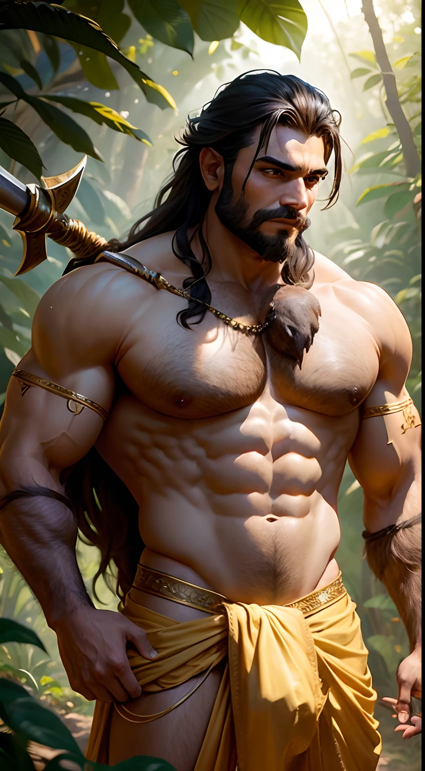 A fantasy image of a robust man with the head of a wild Boar, sharp tusk, shirtless, wearing a yellow dhoti, gold ornaments, a spear in hand, upper body image, in a jungle