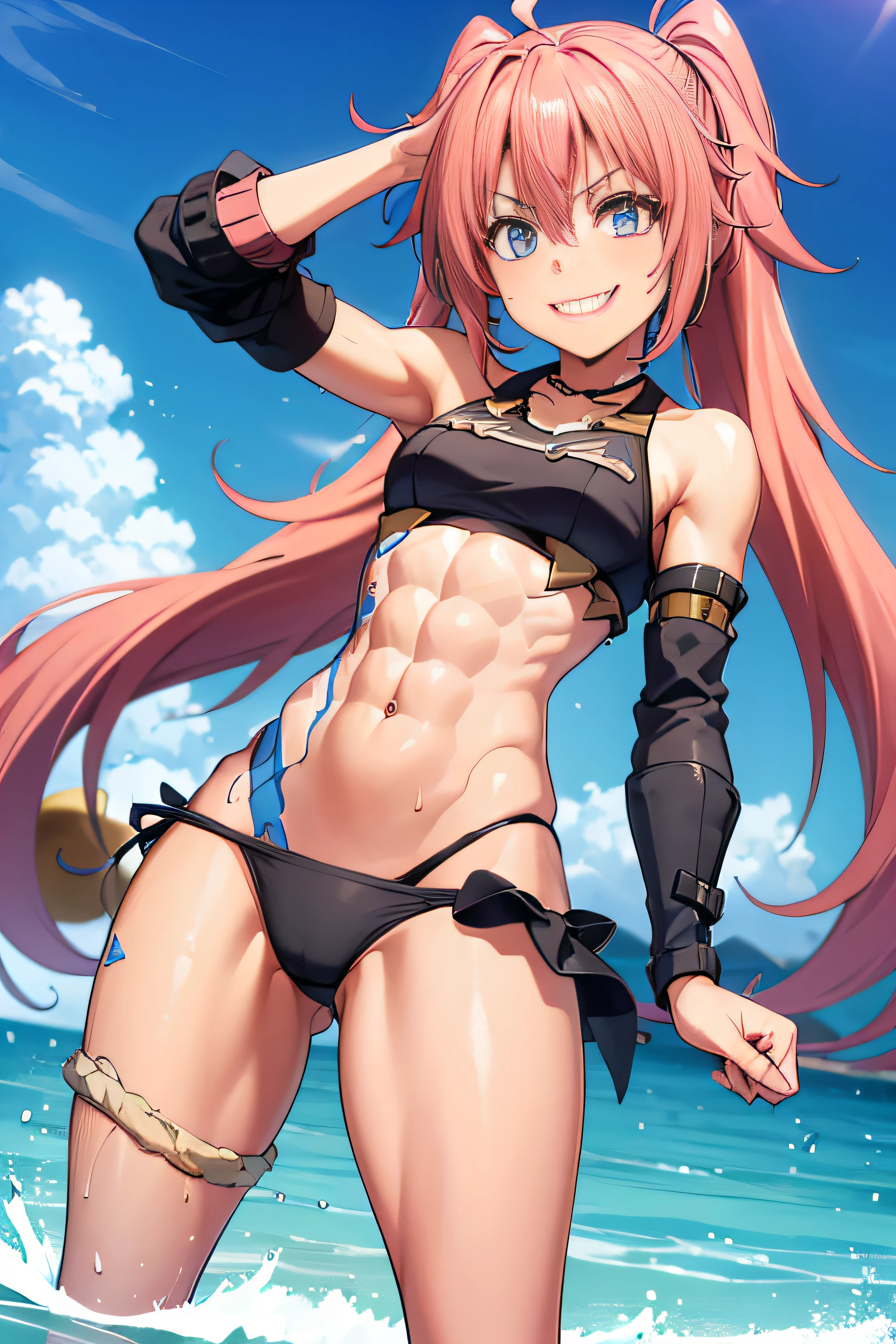 ((female)), (very messy hair), (happy smile), fangs, ((ripped abs)), toned arms and legs, small boobs, excessive sweating, (summer beach scenery), playing with beach ball, blue eyes, yacht in background,