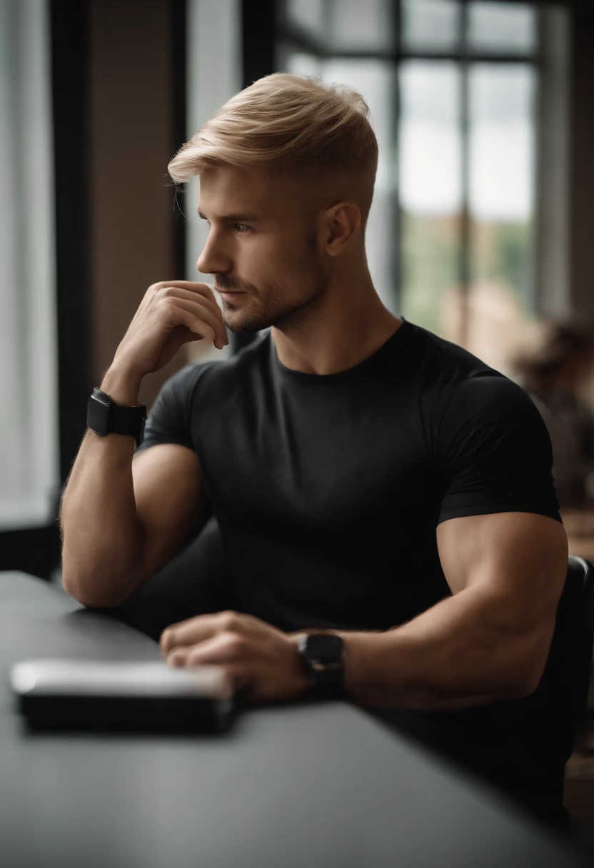 Portrait d'un homme, cheveux court blond, Corps entier, Dressed in a black t-shirt, Defined organization, corps fort, Muscular arms, Aider les gens, profondeur de champ, assis derriere la table, podcast dans un lounge futuristique