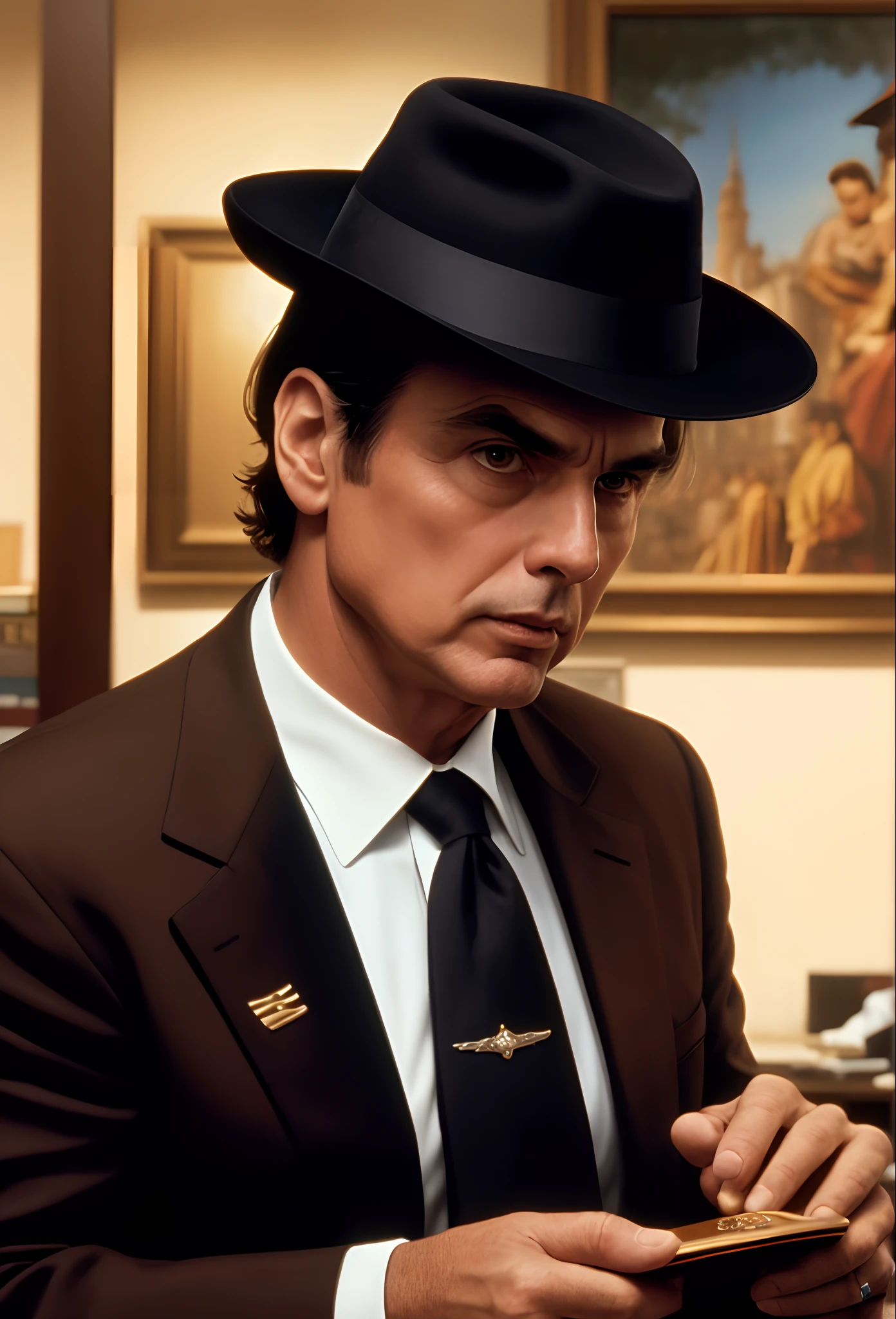 foto do jovem Bolsonaro em seus 30 anos, textura de pele realista, olha para cima, 8 lente de arte de 5 mm, f 1. 2, foco nítido, 8 k high definition, insanamente detalhado, intrincado, elegante, arte de Stanley Lau e artgerm, padrinho do cinema, mafia, don corleone, Scenery in the office, luzes fracas, anos 1950, vestindo gangsta swag, black fedora hat,