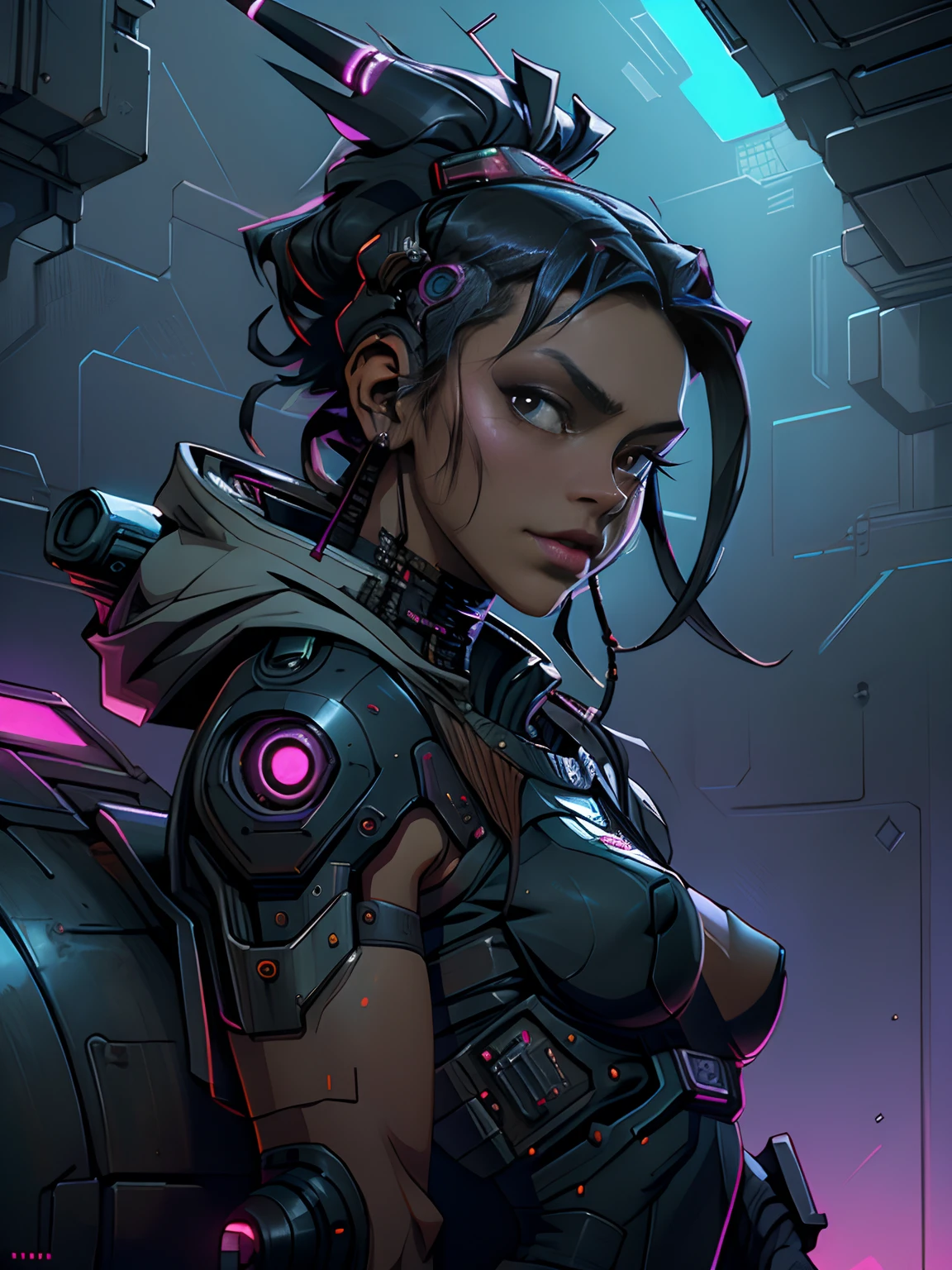 ((nsfw cyber punk Mulher negra de 30 anos)), (qualidade superior、8k、32k、obra prima, NSFW)、The ultra-A high definition、Fotorrealista:1.4、Fotografia RAW, a parte superior do corpo, Figura perfeita encantadora, actionpose:1.2, Moda cyberpunk detalhada, Mundo de Cyberpunk, profundidade de campos, Space station orbiting a dead dwarf star