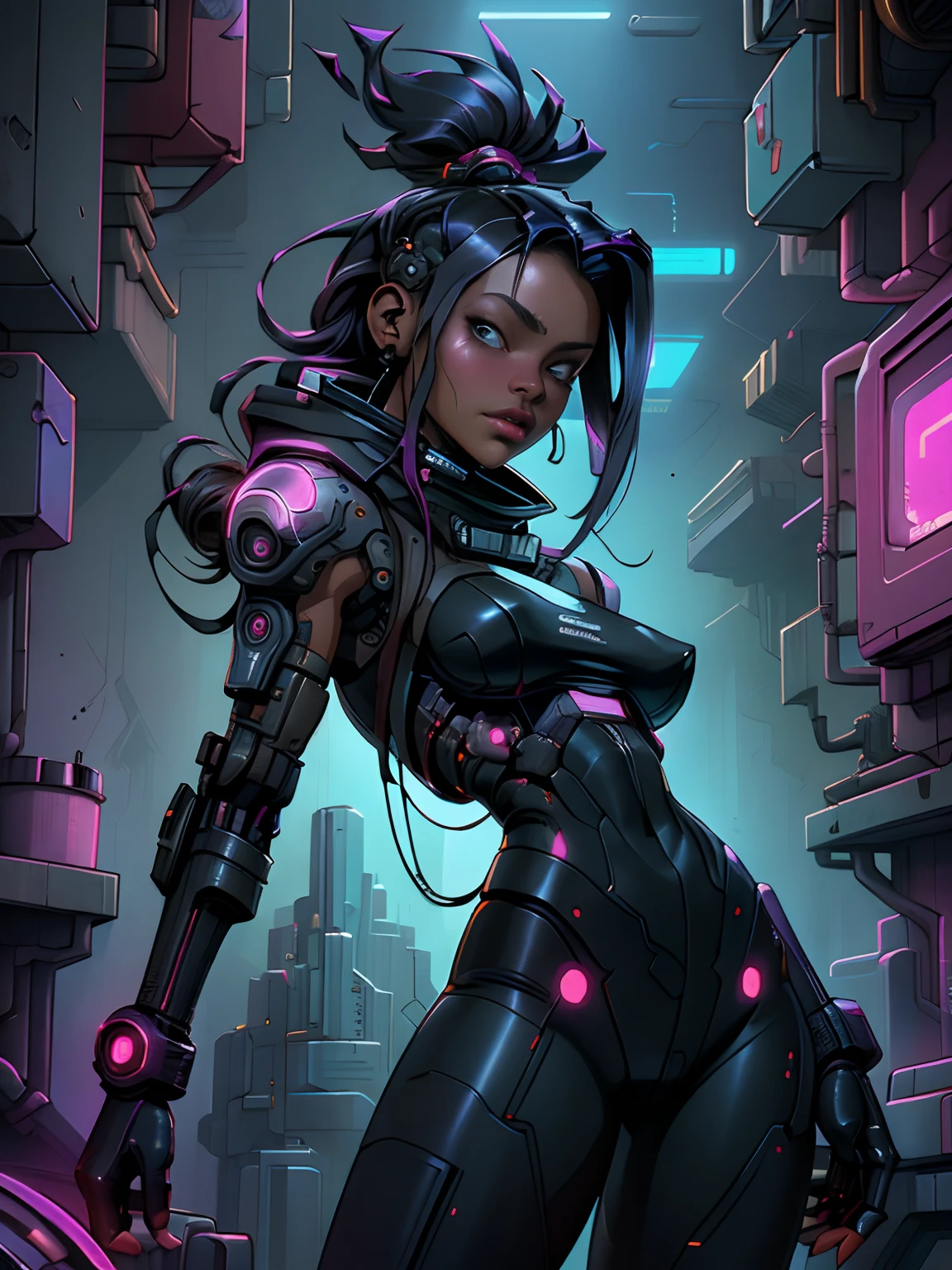 ((nsfw cyber punk Mulher negra de 30 anos)), (qualidade superior、8k、32k、obra prima, NSFW)、The ultra-A high definition、Fotorrealista:1.4、Fotografia RAW, a parte superior do corpo, Figura perfeita encantadora, actionpose:1.2, Moda cyberpunk detalhada, Mundo de Cyberpunk, profundidade de campos, Space station orbiting a dead dwarf star