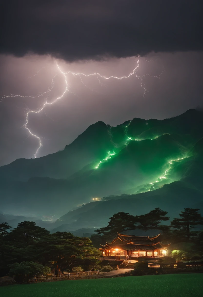 An ancient feudal japan landscape with lightning and sumarai in the background. Realistic and beutiful. Intense Orange lighting to the right side. Glowing Green fukei with green lantern symbol in the background