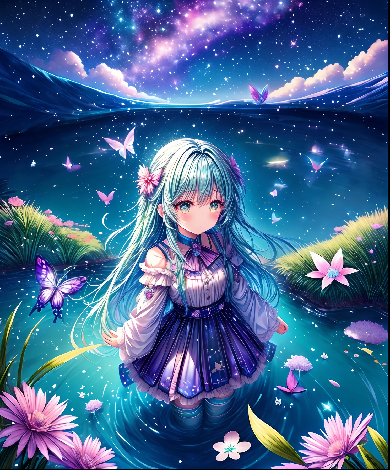 Cute girl characters、Iridescent grass々Drawing a butterfly flying over the water, Looking up at the starry sky. Surround her with colorful nebulae and colorful forests.