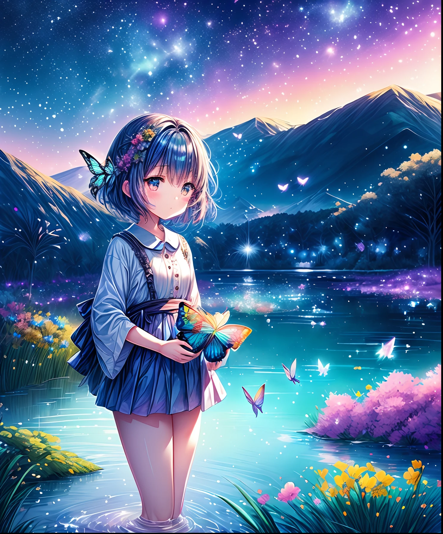 Cute girl characters、Iridescent grass々Drawing a butterfly flying over the water, Looking up at the starry sky. Surround her with colorful nebulae and colorful forests.