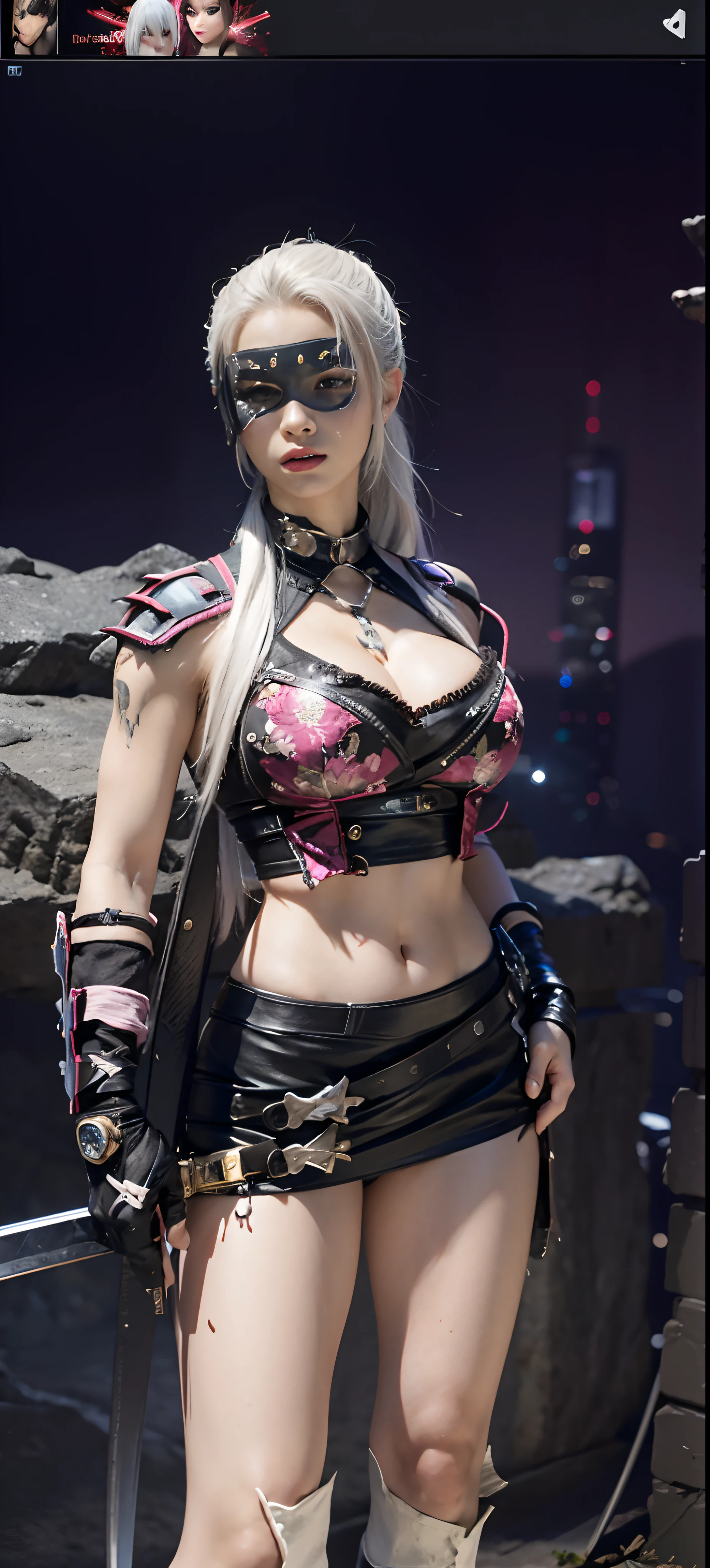 a close up of a person in a costume with a sword, as a character in tekken, female character, tifa lockhart with white hair, katana zero video game character, lunar themed attire, kda, slim body, cyborg - girl with silver hair, upper body avatar, (( medium breast;1.2)), fashion gameplay screenshot, fighting game character, new character, floralpunk elysian maiden, sigma female