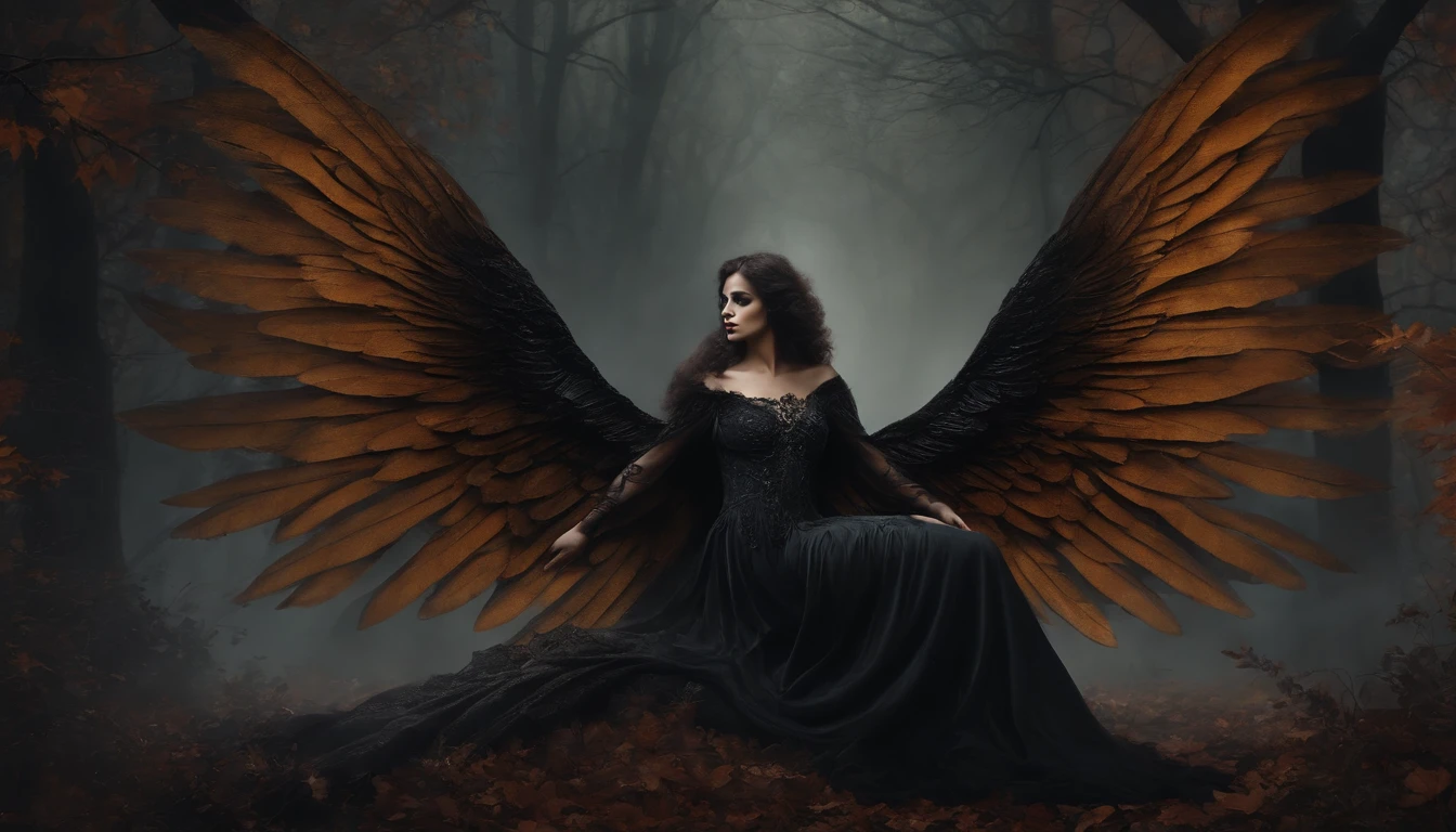 Vintage style dark gothic art mural painting, about a Black Halloween Angel with wings, en un bosque con bruma.