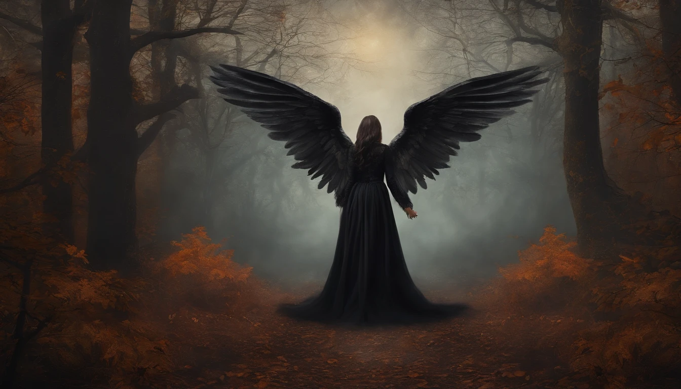 Vintage style dark gothic art mural painting, about a Black Halloween Angel with wings, en un bosque con bruma.
