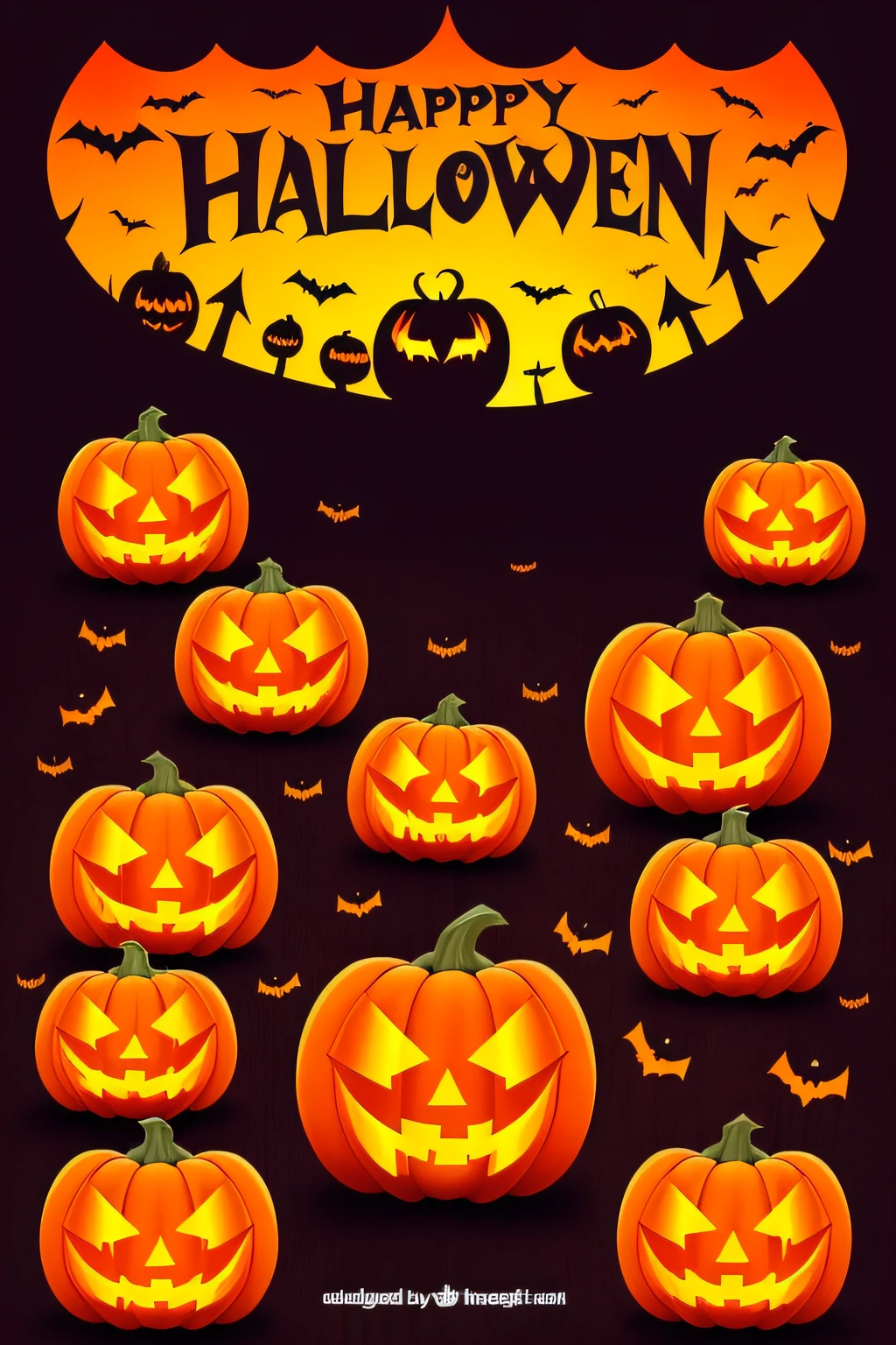 a group of pumpkins with scary faces and bats in the background, halloween theme, halloween atmosphere, halloween, halloween celebration, costumes, popular, fallen, scary halloween theme, fantasy, list, scary halloween fun, october , Halloween decorations, More details, Most viewed, header, halloween art style, she, highlight, spooky and spooky atmosphere, Cute, 5 d, 5D --auto