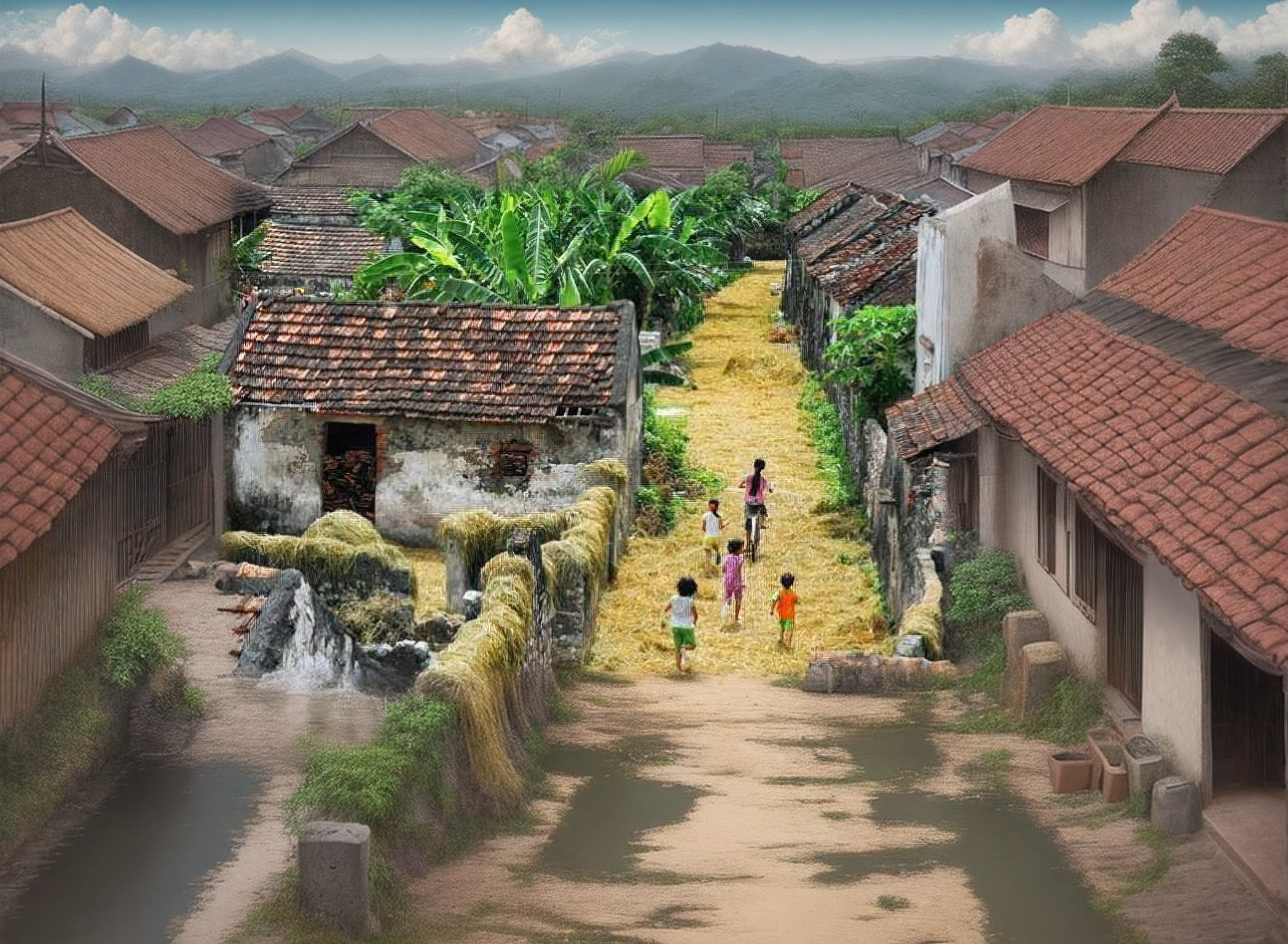 View of Vietnamese village roads, Old tile roofs, straw covered with sugar, Clear blue sky