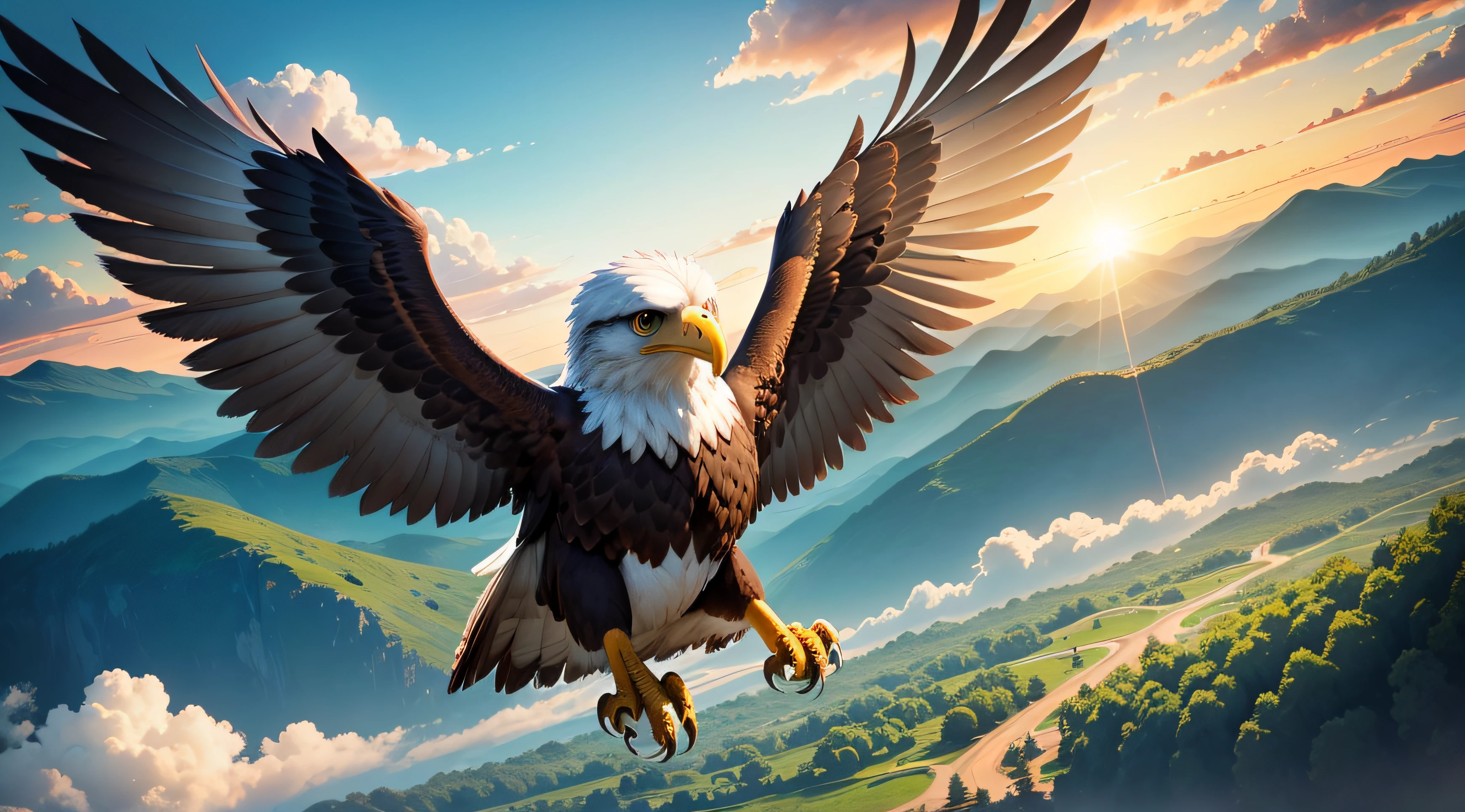full body view of a Adorable eagle flying on sky, Close-up, back the Lens, Pixar Movie Style, very cute, big eyes, bright eyes, smiling, amazing sky, light day, clouds, amazing sunset, mountains on horizon, green trees in ground