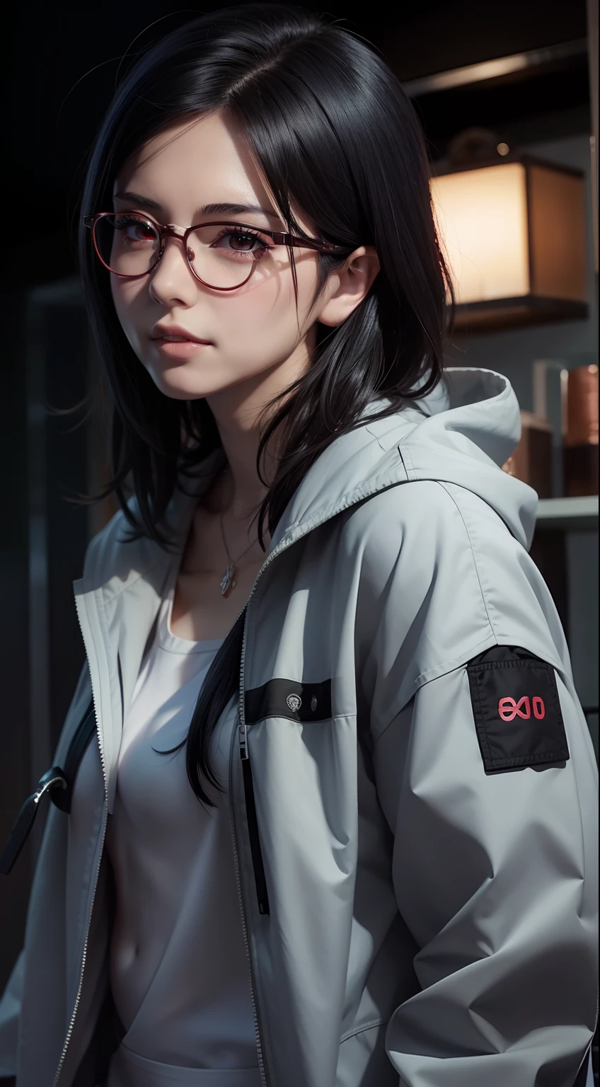 1girl, sarada uchiha in anime naruto, short hair, sexy dress, black hair, red eyes, smile, beautiful, black clothes, wearing glasses red, very big breast, sexy clothes, realistic clothes, detail clothes, indoor background, ultra detail, realistic