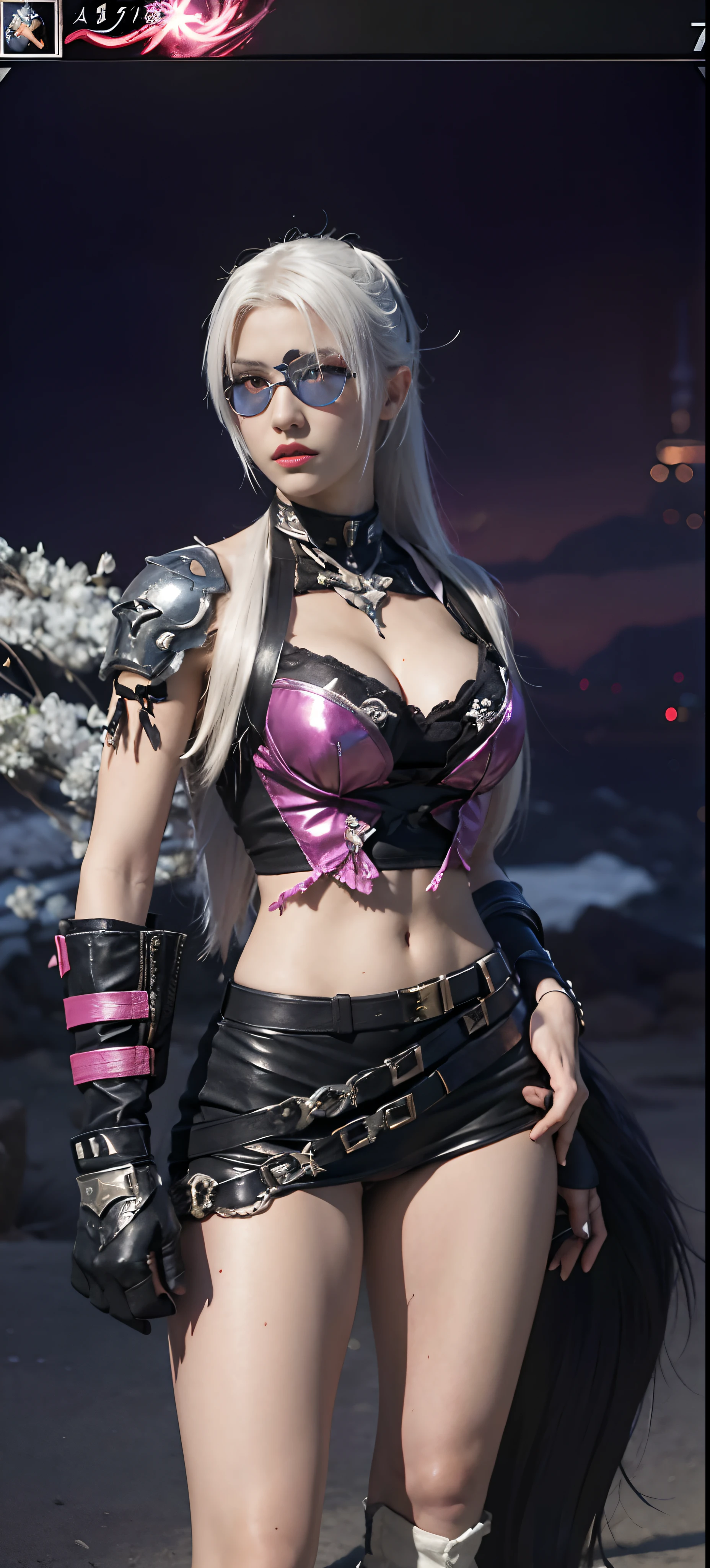 a close up of a person in a costume with a sword, as a character in tekken, female character, tifa lockhart with white hair, katana zero video game character, lunar themed attire, kda, slim body, cyborg - girl with silver hair, upper body avatar, (( medium breast;1.2)), fashion gameplay screenshot, fighting game character, new character, floralpunk elysian maiden, sigma female