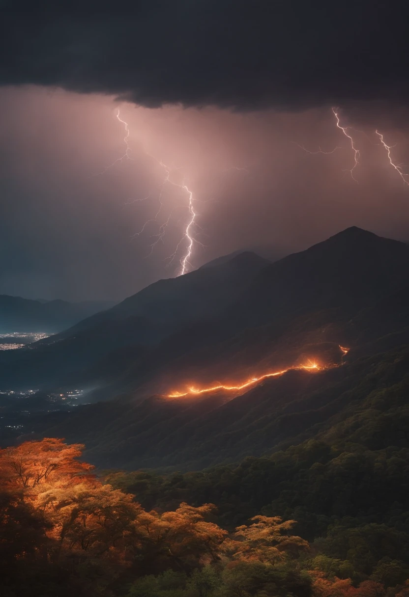 An ancient feudal japan landscape with colorful orange lightning storm to the right side and sumarai in the background. Realistic and beutiful. Intense Orange lighting to the right side.